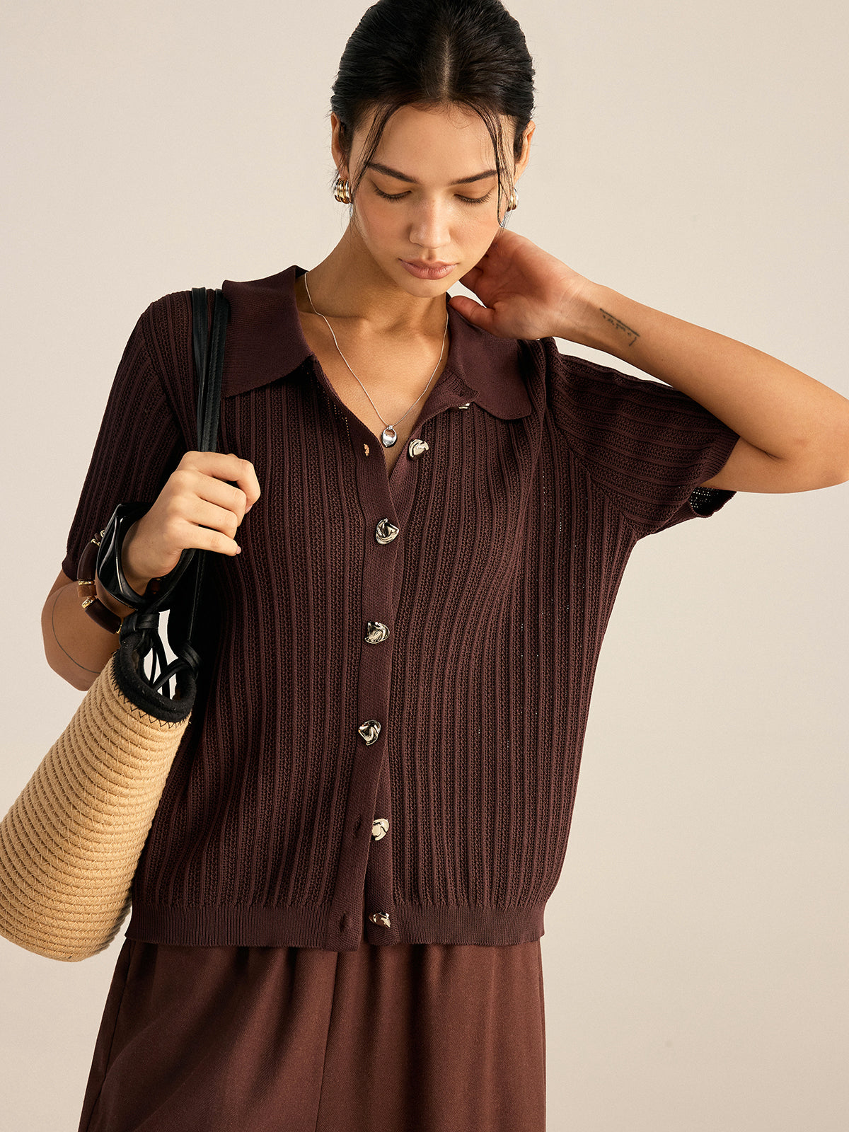 Ribbed Knit Polo-Collar Cardigan-Massicos