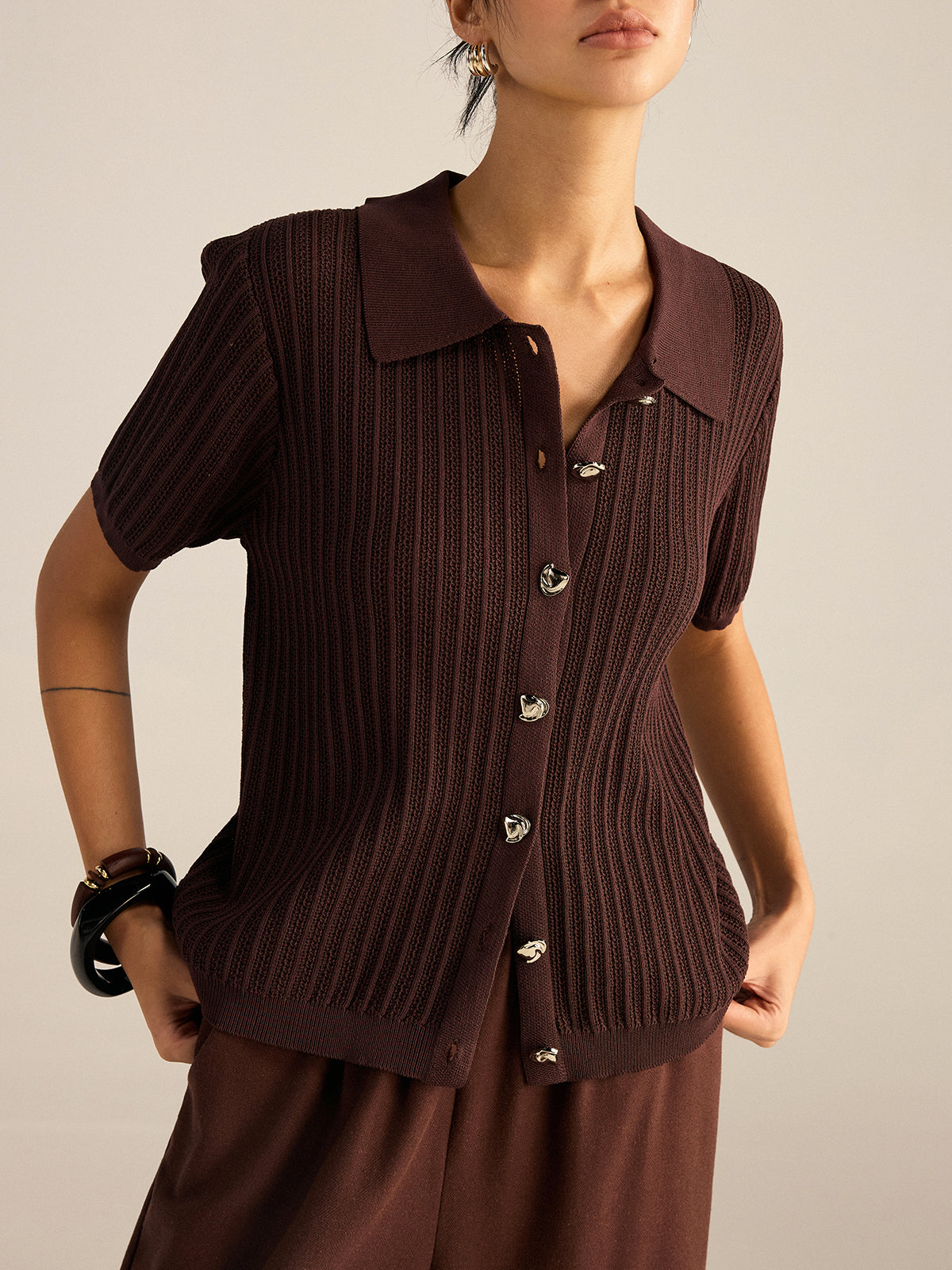 Ribbed Knit Polo-Collar Cardigan-Massicos