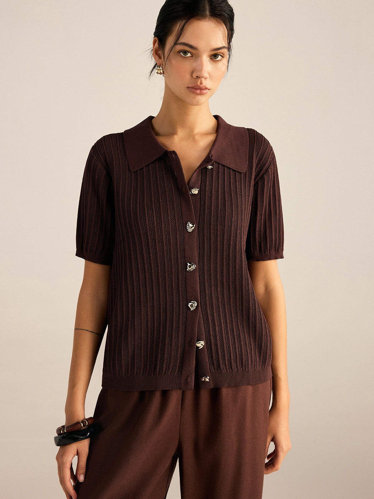 Ribbed Knit Polo-Collar Cardigan-Massicos