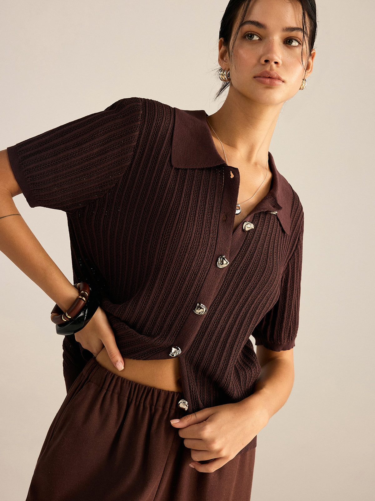 Ribbed Knit Polo-Collar Cardigan-Massicos