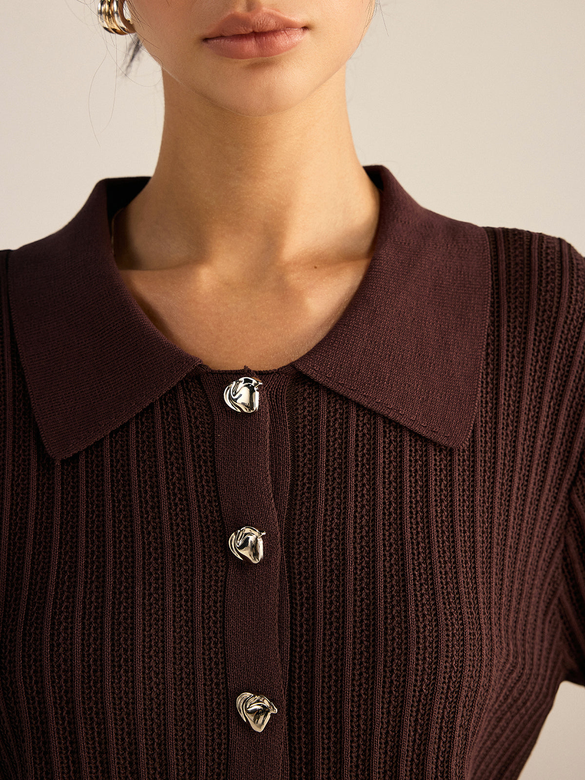 Ribbed Knit Polo-Collar Cardigan-Massicos