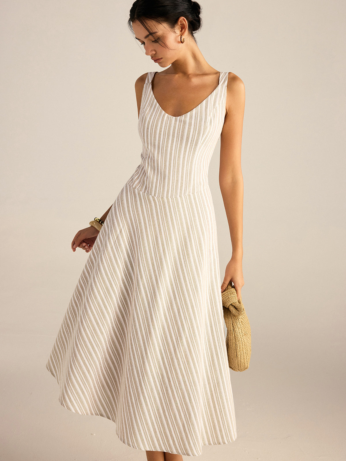Striped Asymmetriccal Hem Midi Dress-Massicos