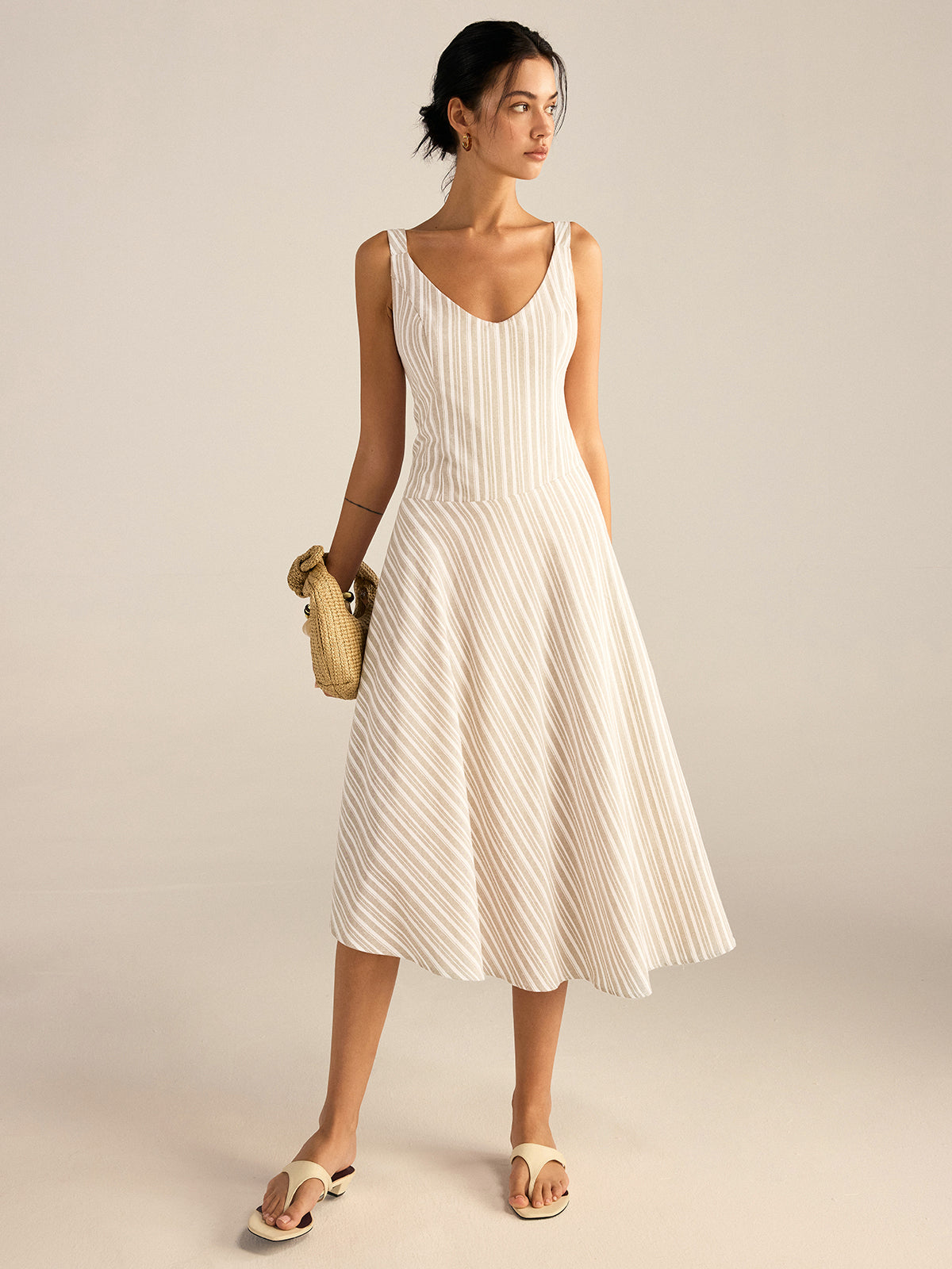 Striped Asymmetriccal Hem Midi Dress-Massicos