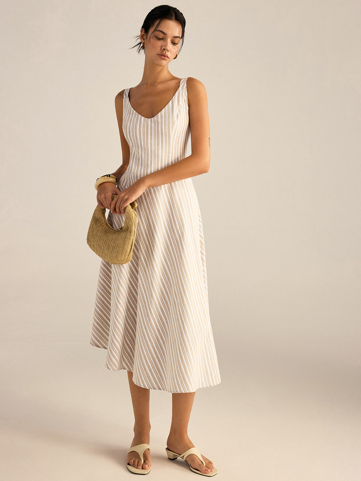 Striped Asymmetriccal Hem Midi Dress-Massicos