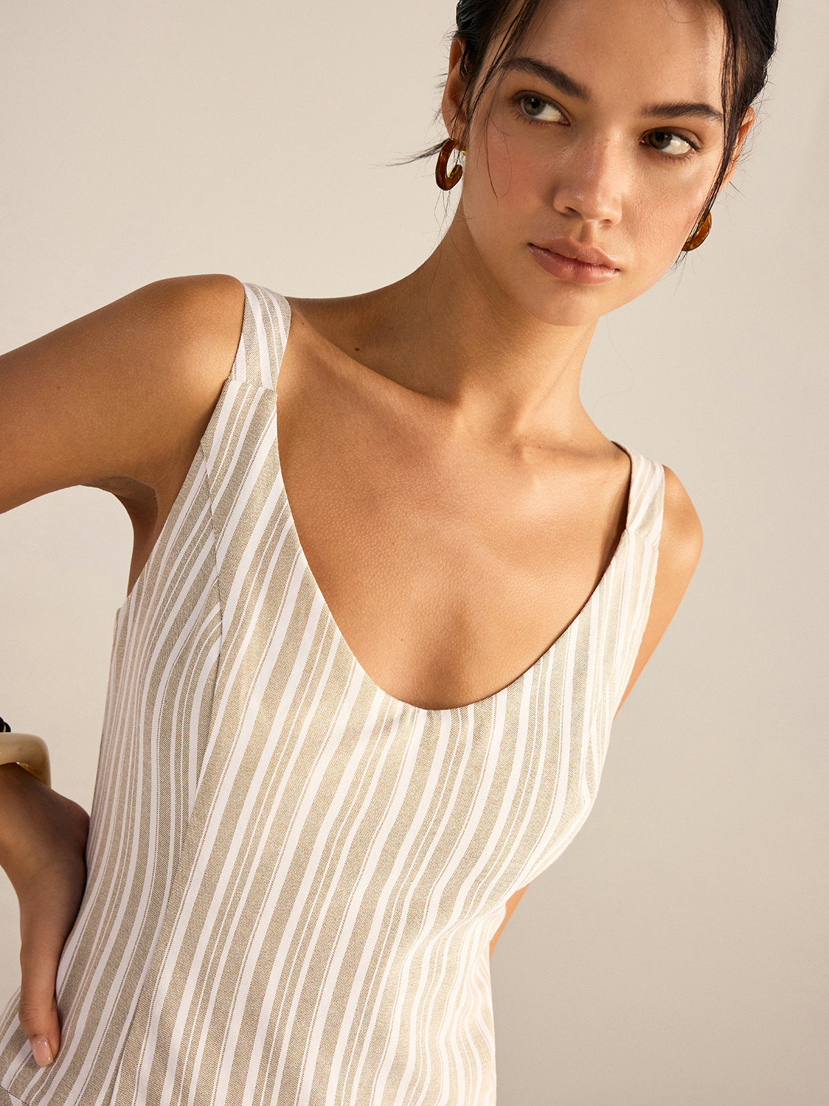 Striped Asymmetriccal Hem Midi Dress-Massicos