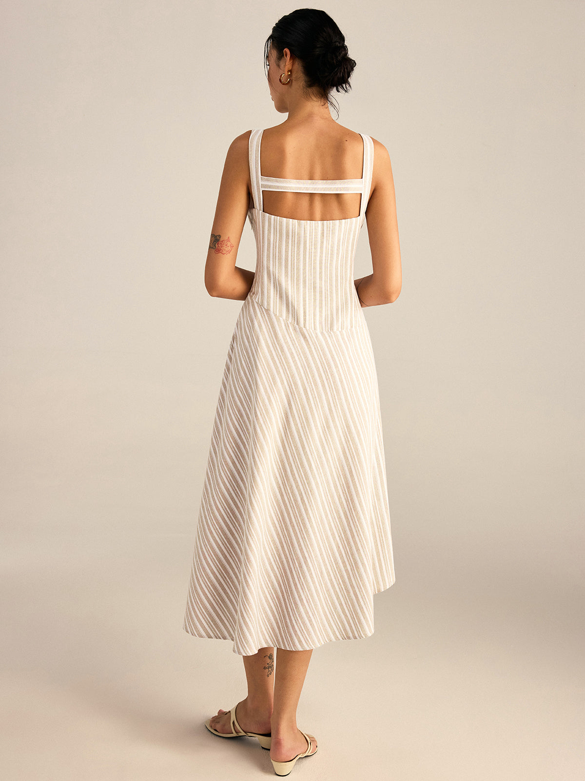 Striped Asymmetriccal Hem Midi Dress-Massicos