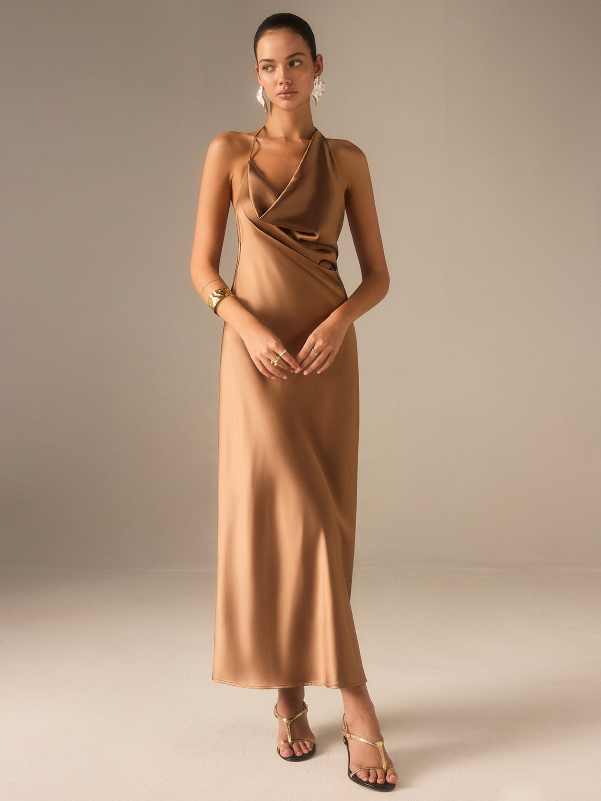 Satin Halter-Neck Backless Maxi Dress-Massicos