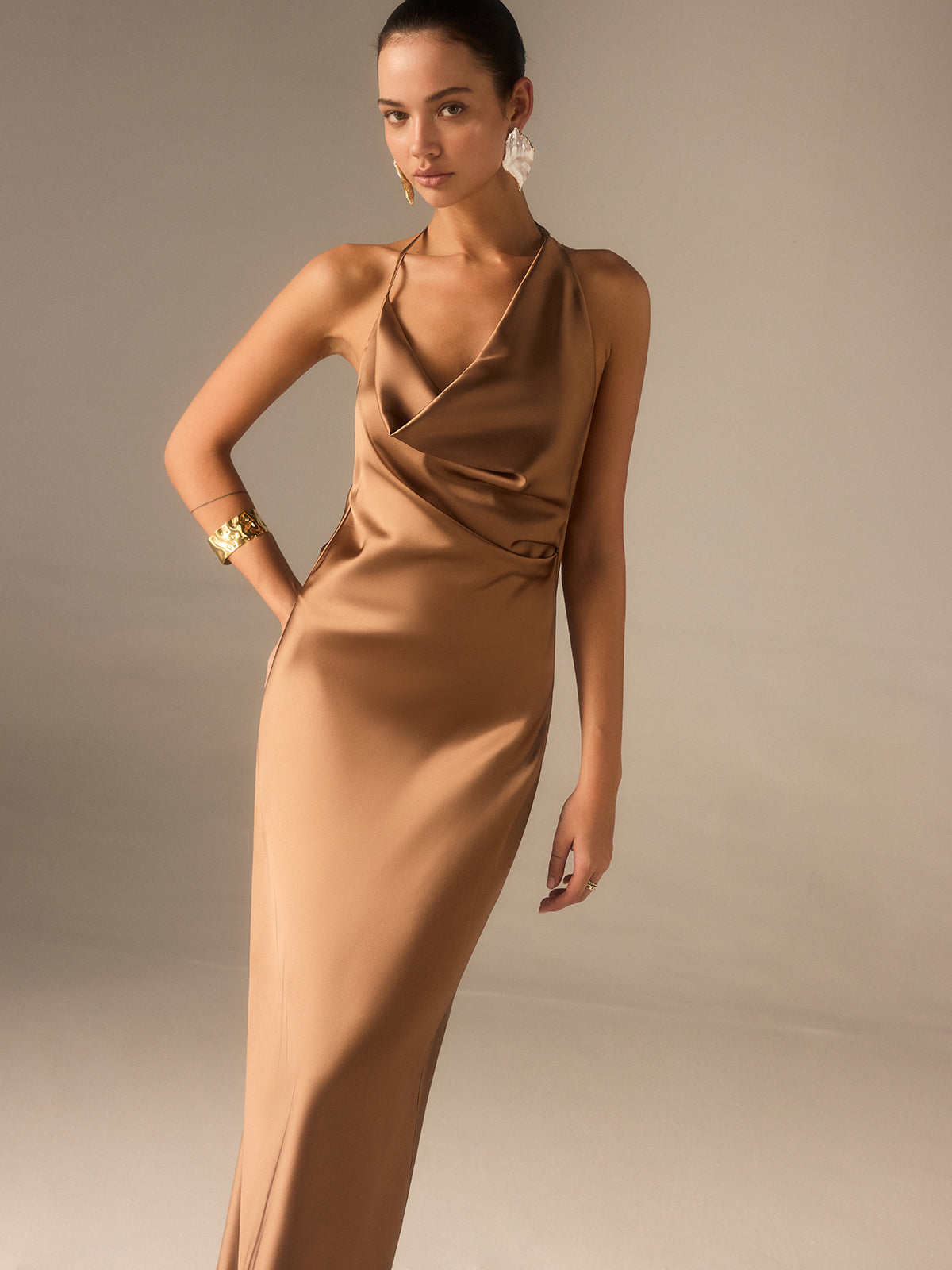Satin Halter-Neck Backless Maxi Dress-Massicos