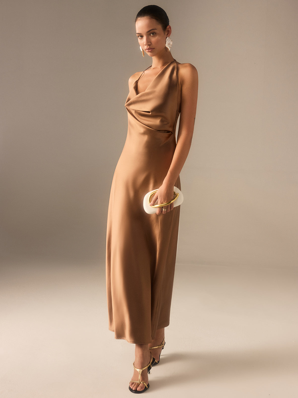 Satin Halter-Neck Backless Maxi Dress-Massicos