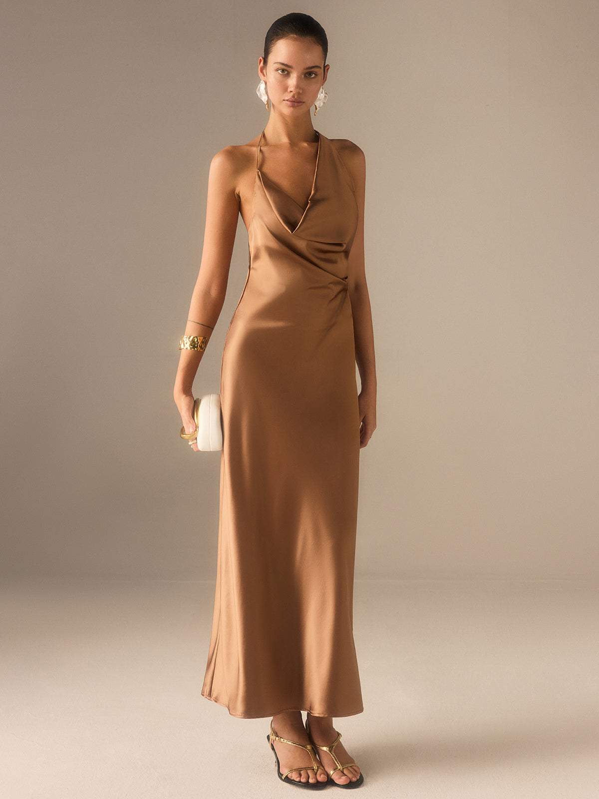 Satin Halter-Neck Backless Maxi Dress-Massicos