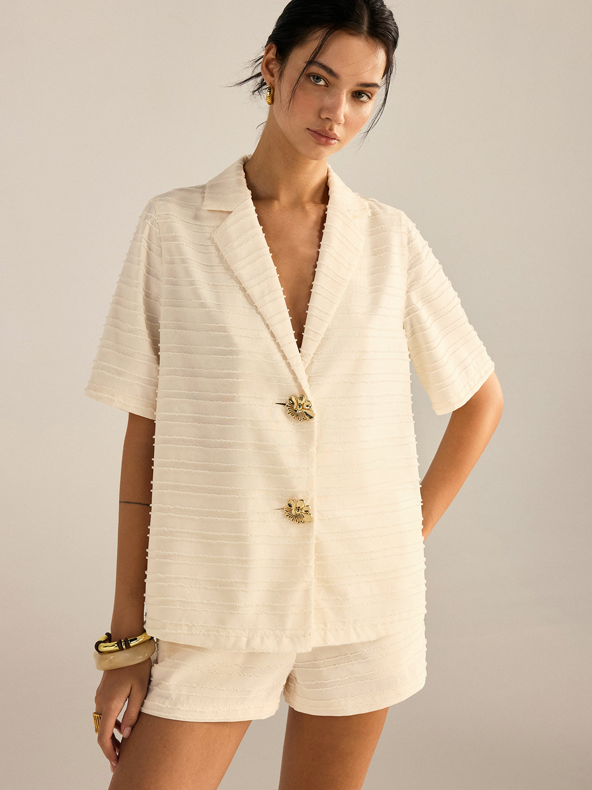 Textured Short-Sleeve Blazer and Shorts Set-Massicos