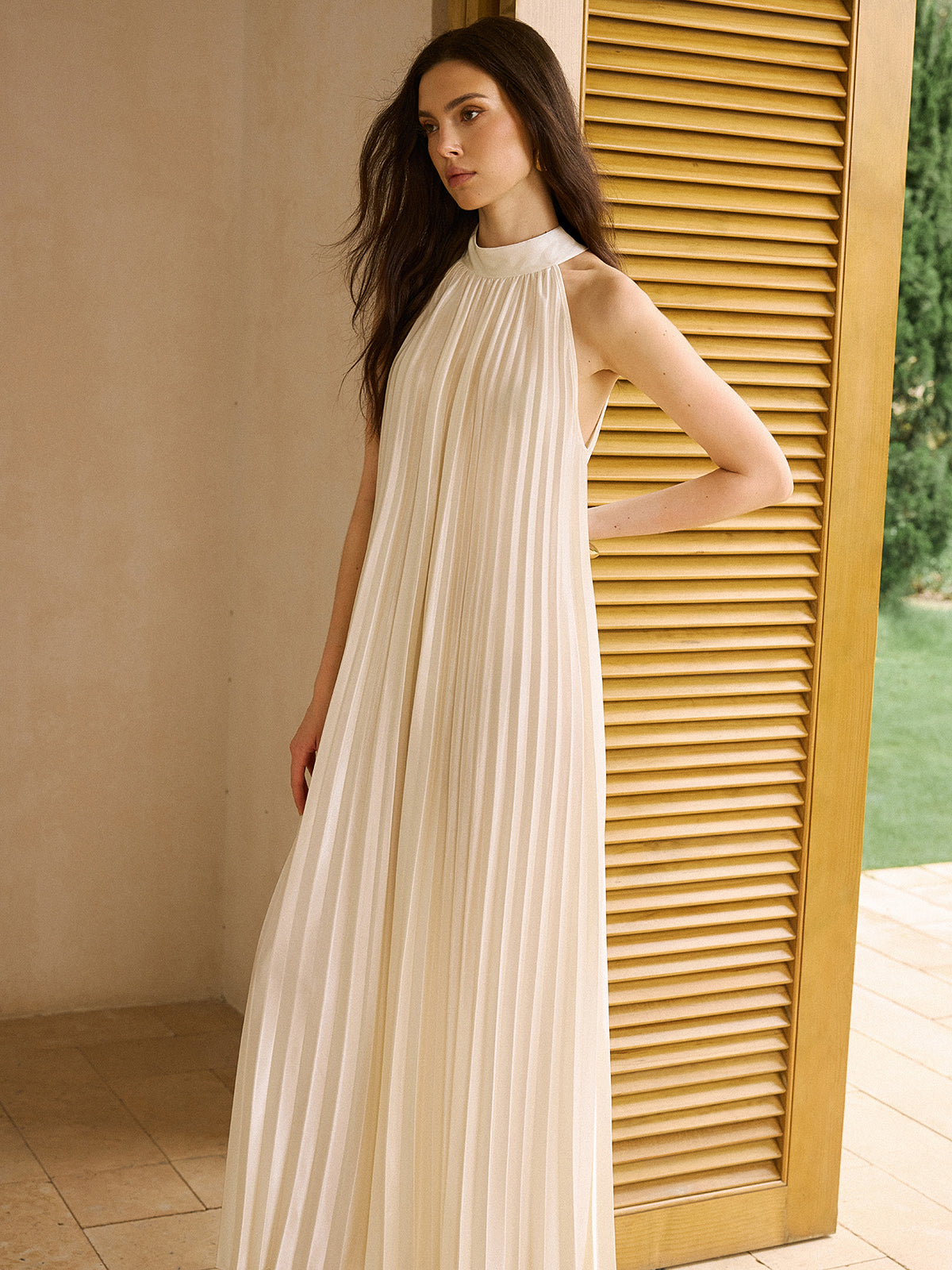 Satin High-Neck Pleated Maxi Dress-Massicos
