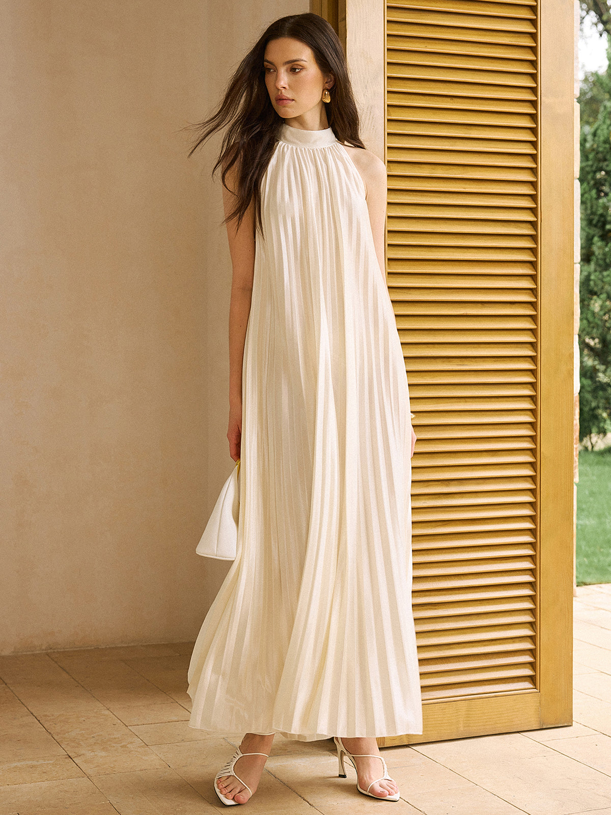 Satin High-Neck Pleated Maxi Dress-Massicos