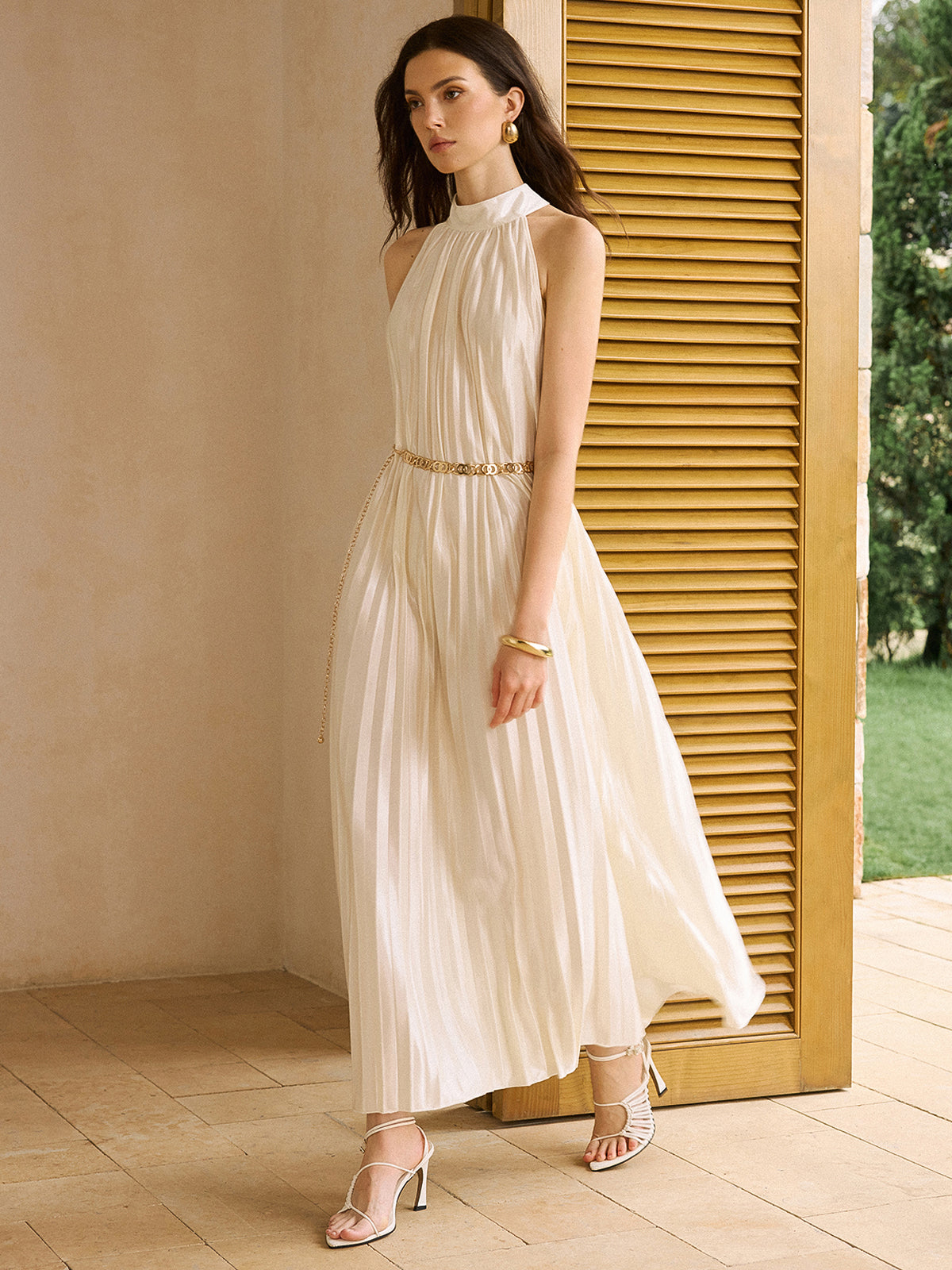 Satin High-Neck Pleated Maxi Dress-Massicos