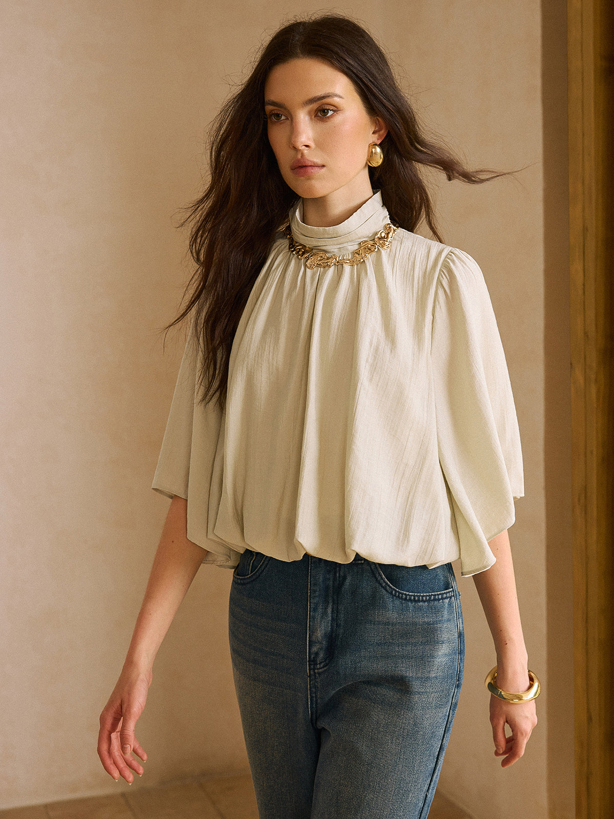 Elastic Hem Half-Sleeve Shirt-Massicos