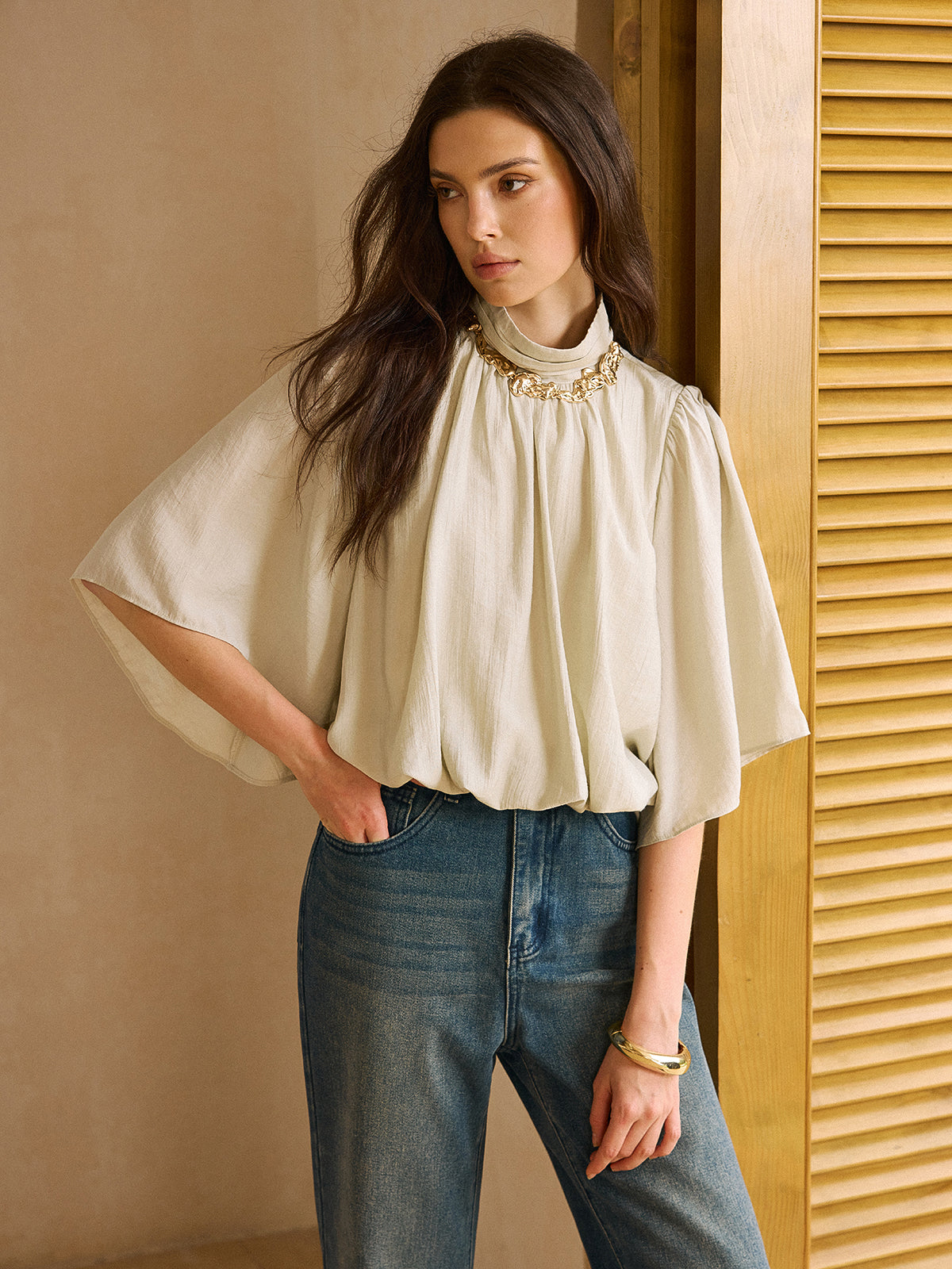 Elastic Hem Half-Sleeve Shirt-Massicos