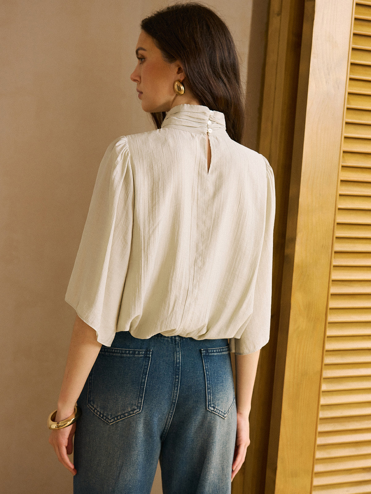 Elastic Hem Half-Sleeve Shirt-Massicos