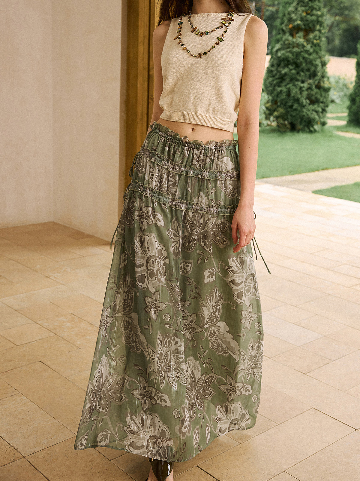 Boho Print Chiffon Maxi Skirt with Ruffle Details-Massicos