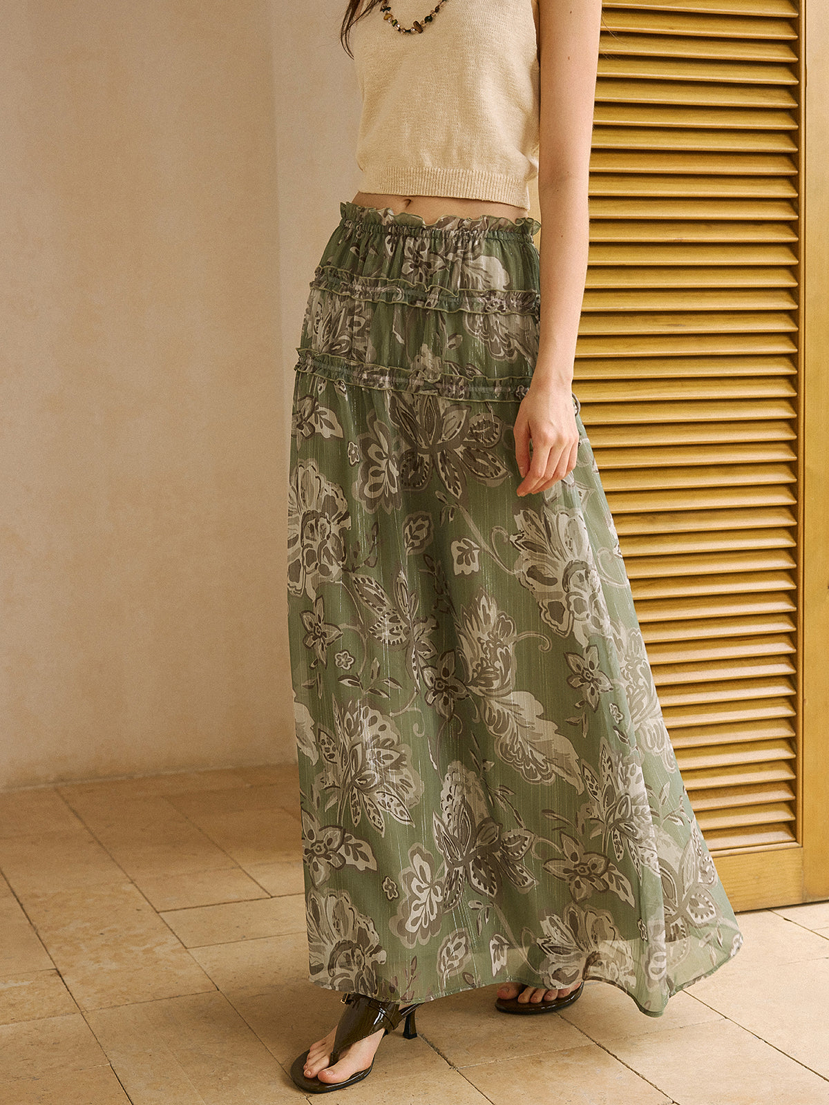Boho Print Chiffon Maxi Skirt with Ruffle Details-Massicos