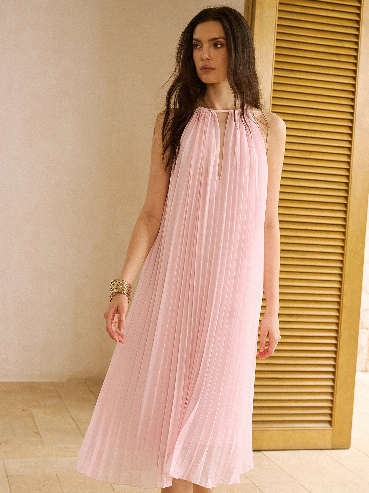 Semi-Sheer Pleated Cut-Out Midi Dress-Massicos