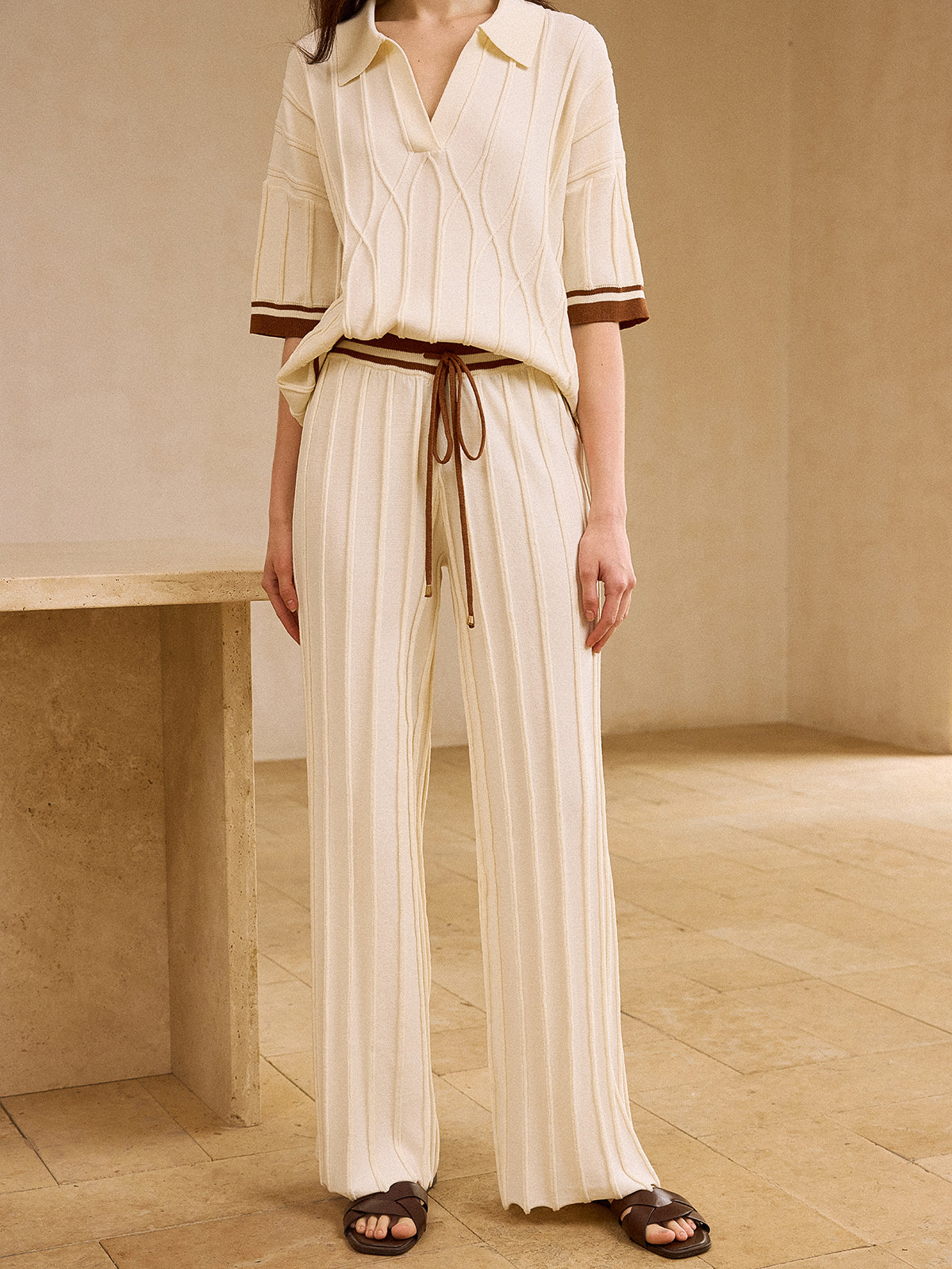 Contrast-Trimmed Polo Neck Top and Drawstring Straight-Leg Pants Set-Massicos