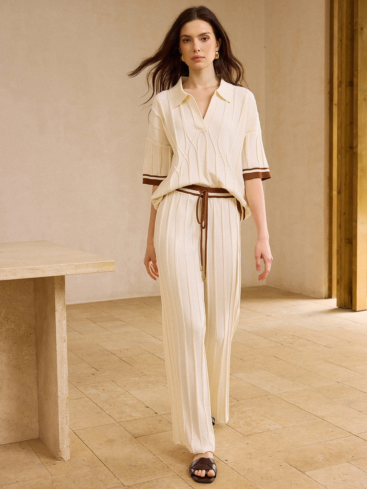 Contrast-Trimmed Polo Neck Top and Drawstring Straight-Leg Pants Set-Massicos
