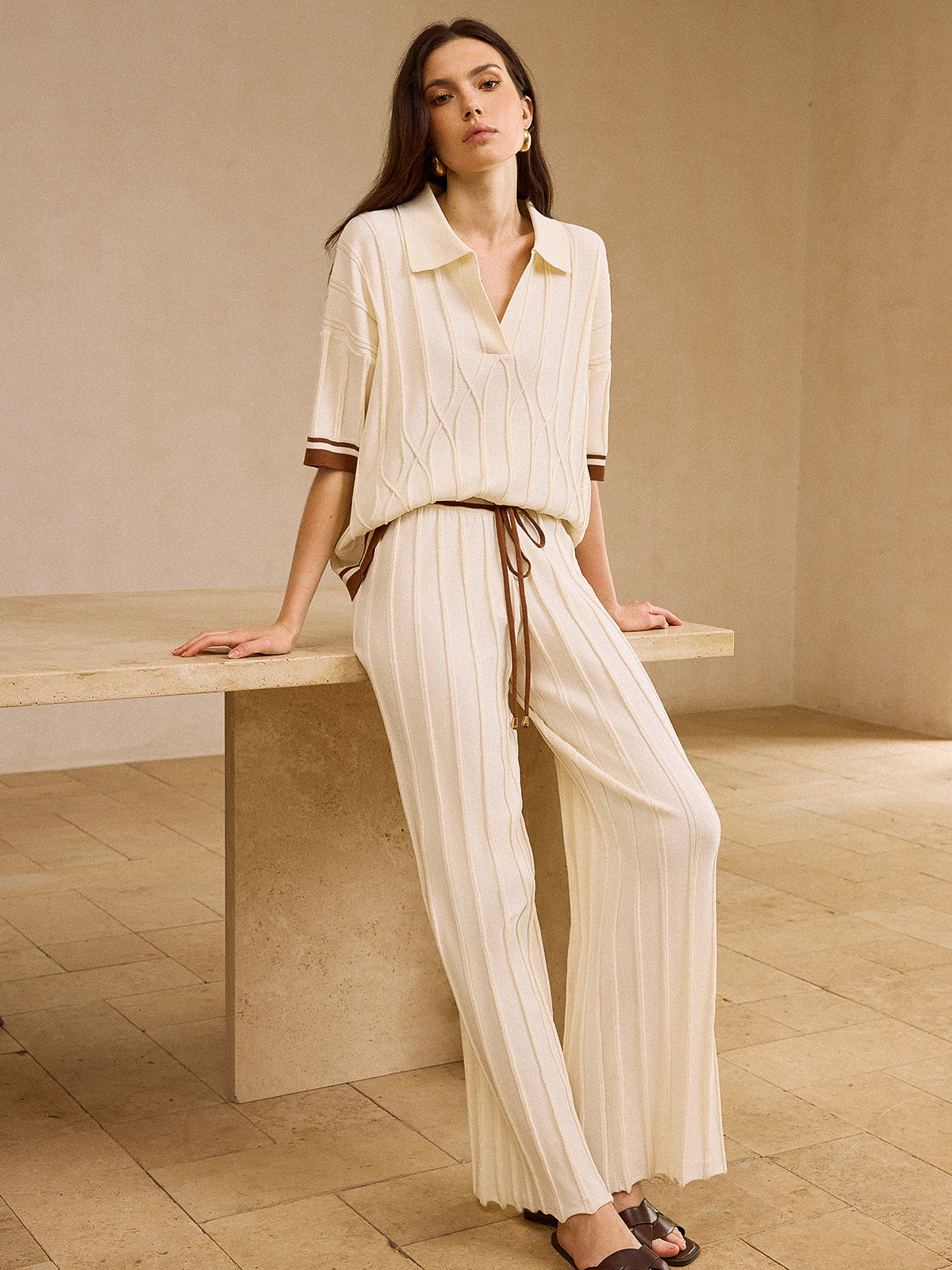 Contrast-Trimmed Polo Neck Top and Drawstring Straight-Leg Pants Set-Massicos