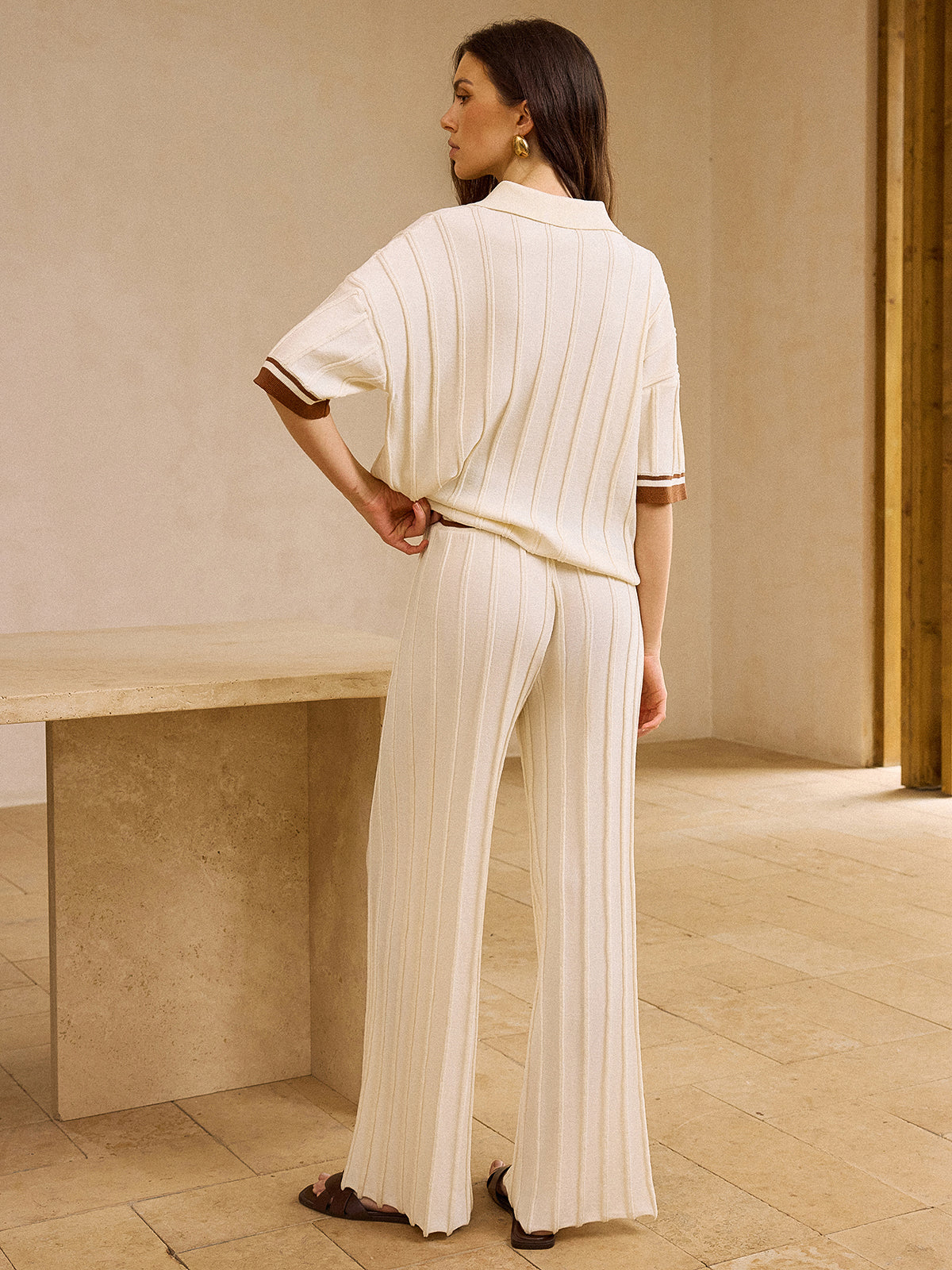 Contrast-Trimmed Polo Neck Top and Drawstring Straight-Leg Pants Set-Massicos