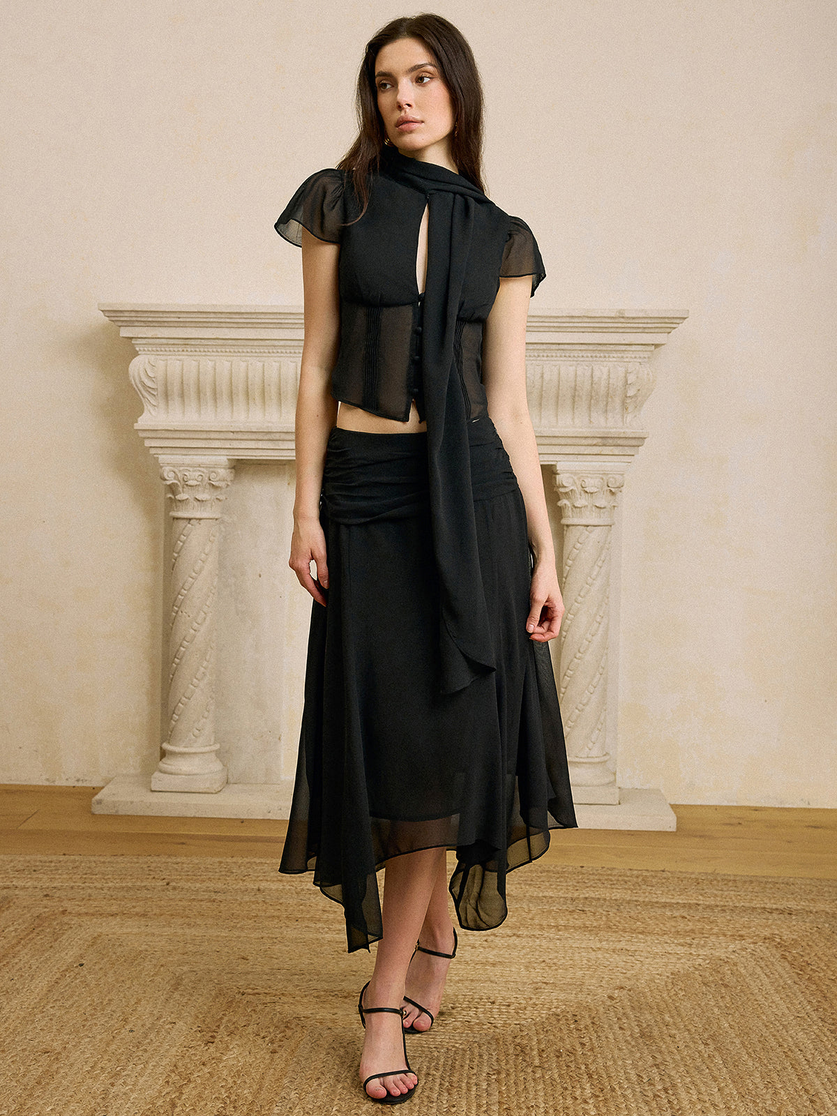Scarf Neckline Chiffon Skirt Set-Massicos