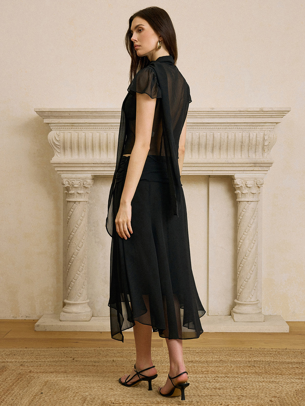 Scarf Neckline Chiffon Skirt Set-Massicos