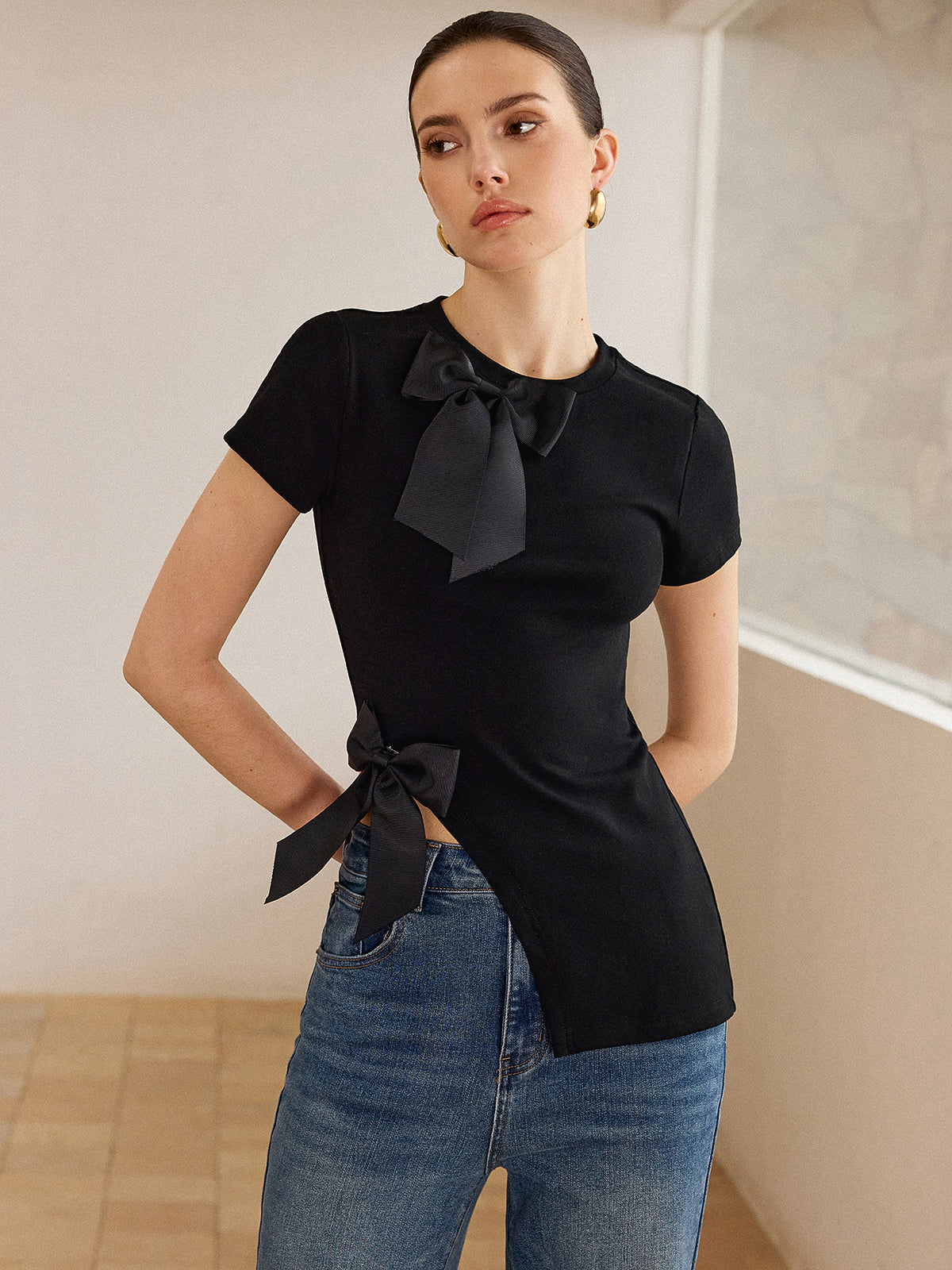 3D Bow-Detailed Top with Asymmetric Hem-Massicos