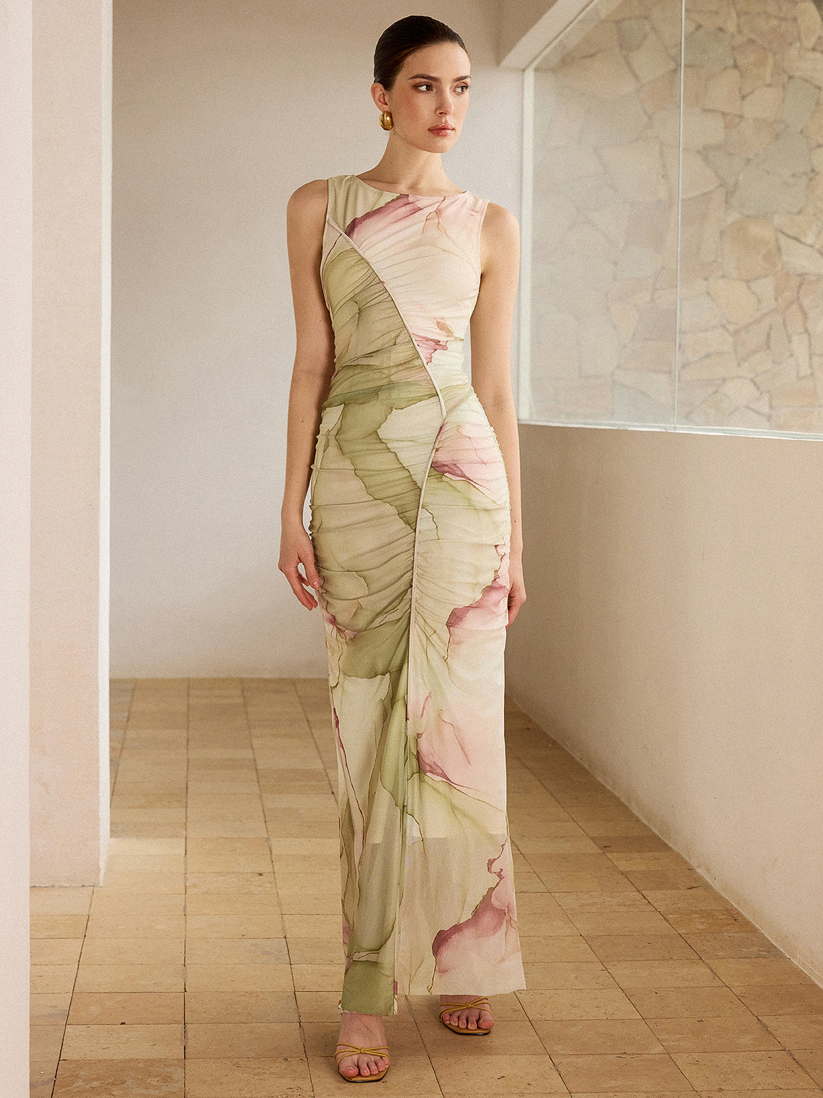 Printed Semi-Sheer Mesh Maxi Dress-Massicos