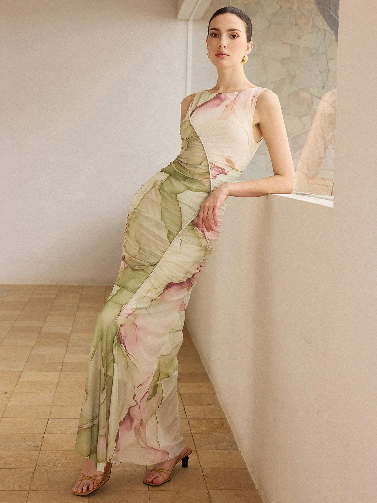 Printed Semi-Sheer Mesh Maxi Dress-Massicos