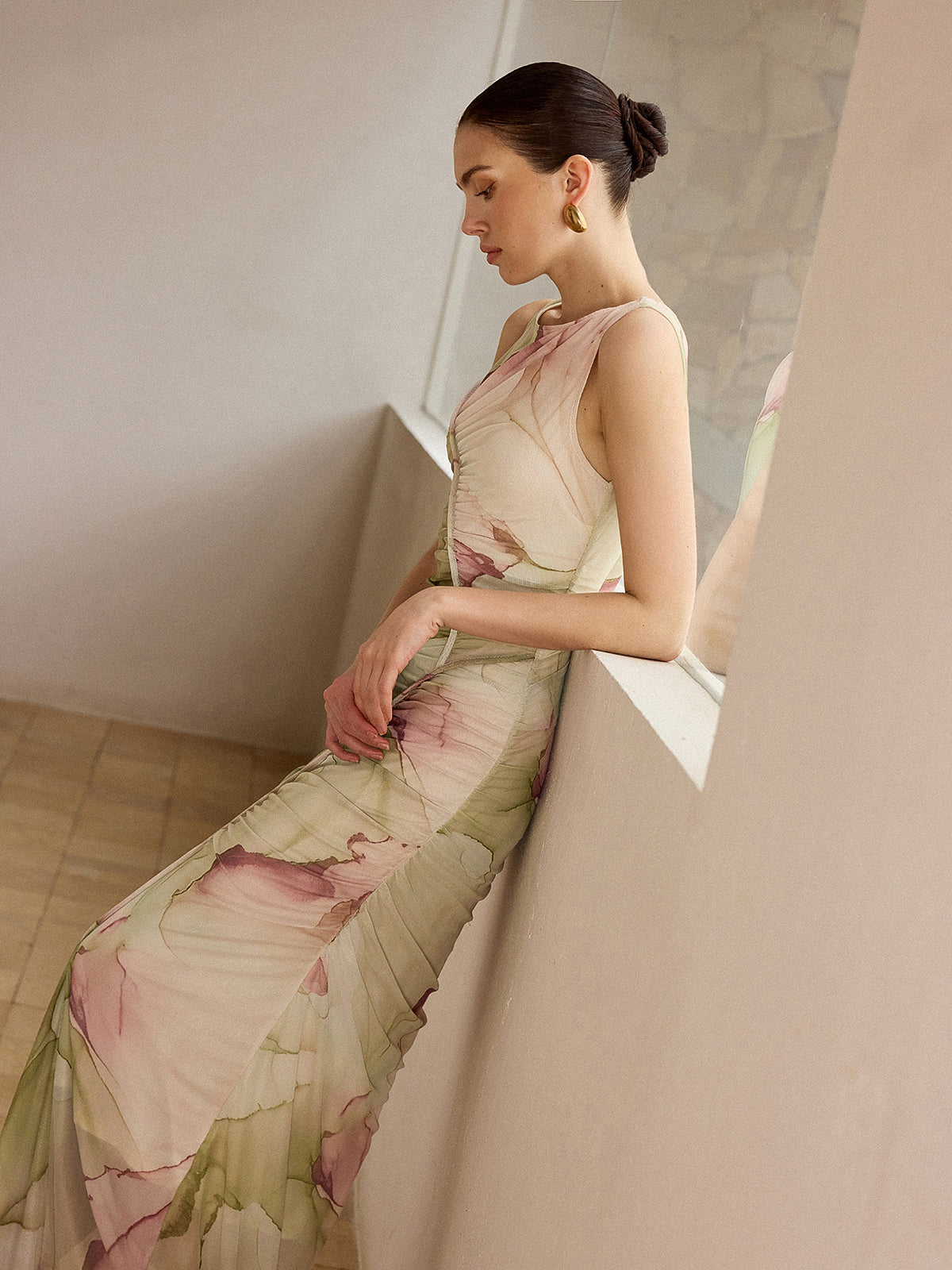Printed Semi-Sheer Mesh Maxi Dress-Massicos
