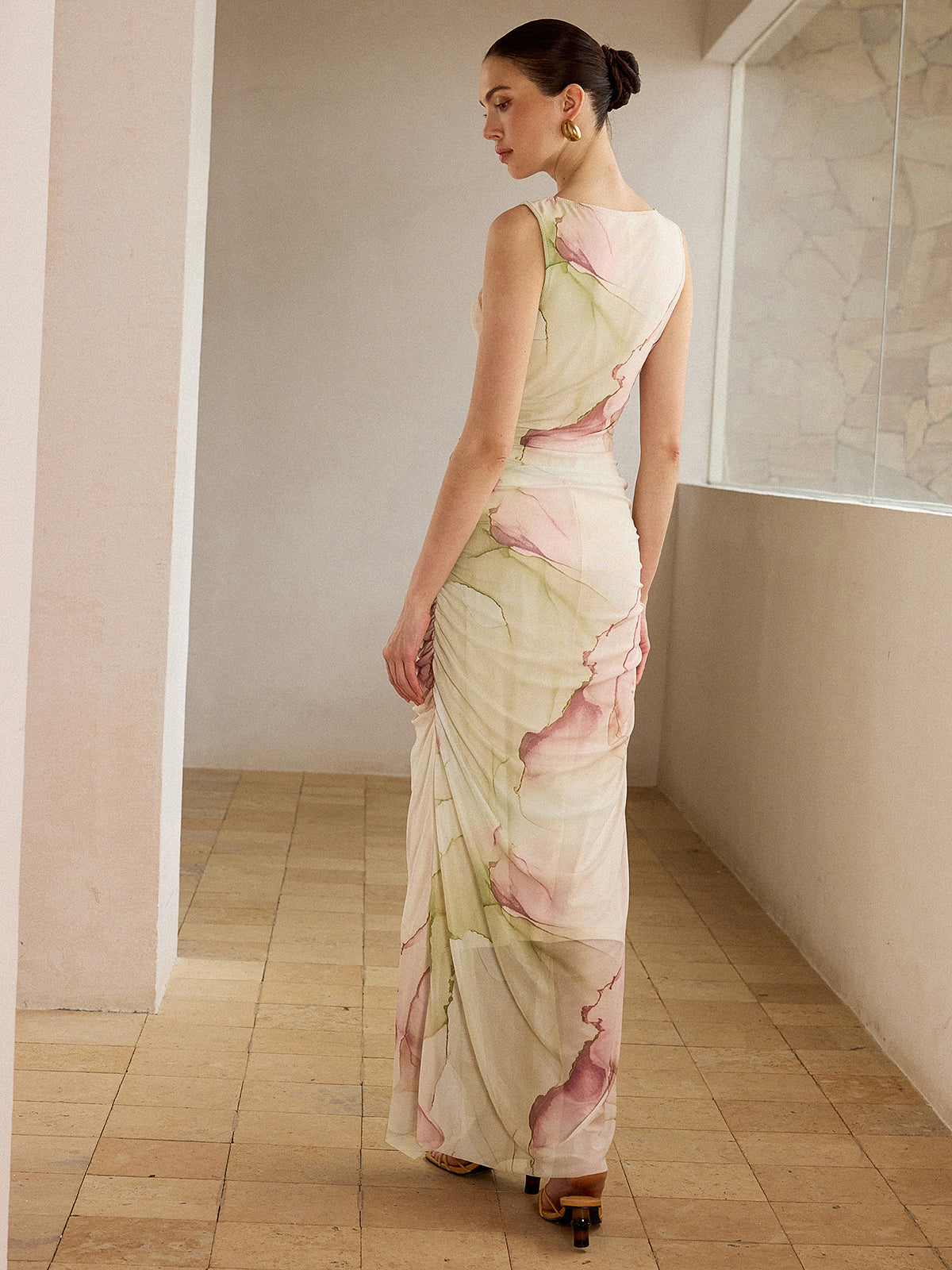 Printed Semi-Sheer Mesh Maxi Dress-Massicos