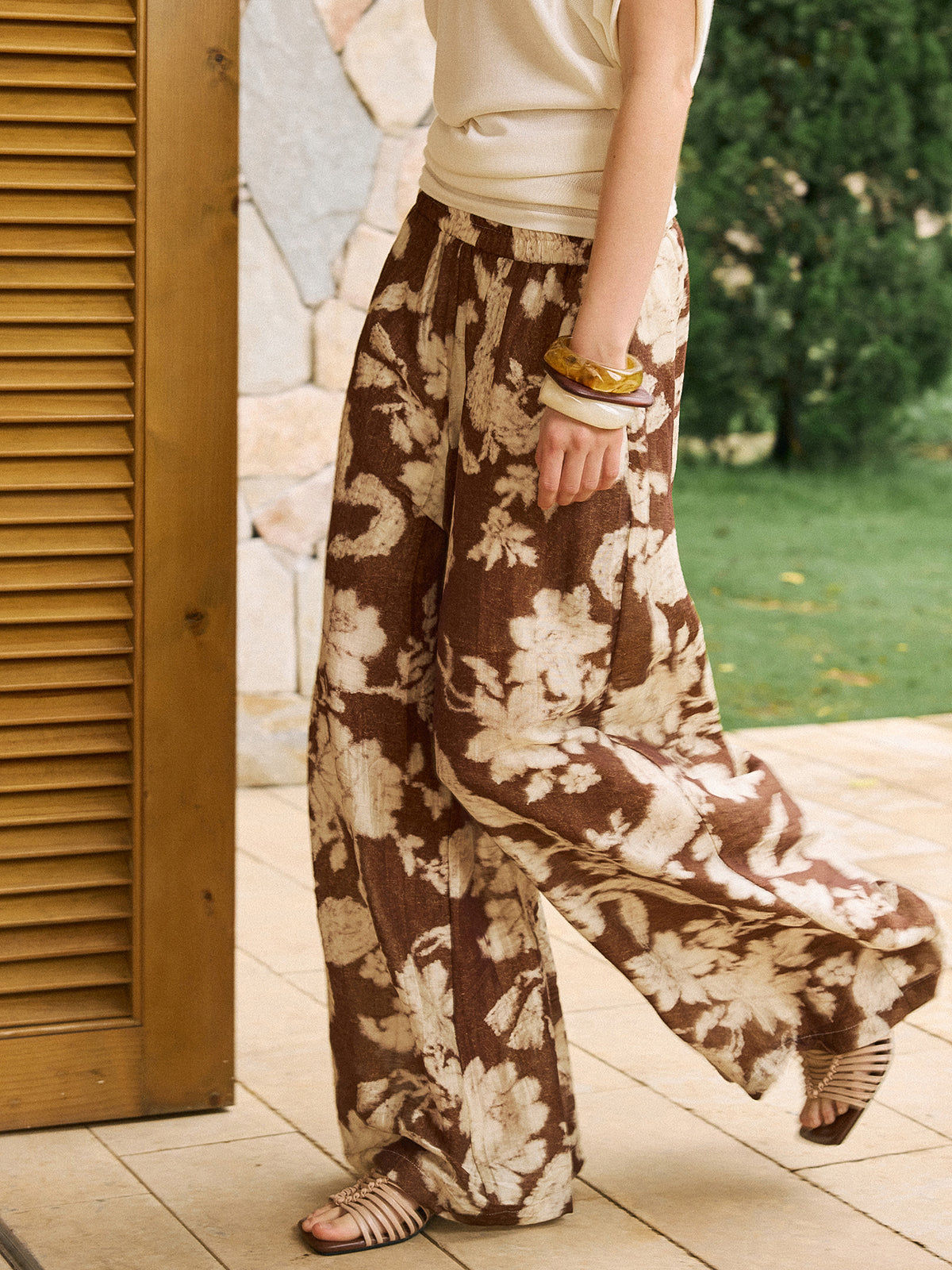 Vintage Printed Linen Wide-Leg Pants-Massicos