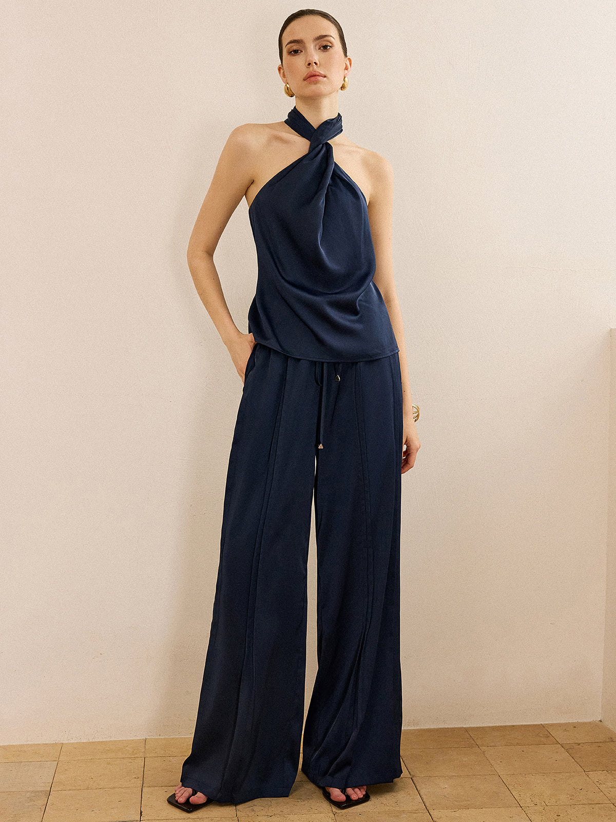 Satin Halter Neck Top and Wide-Leg Pants Set-Massicos