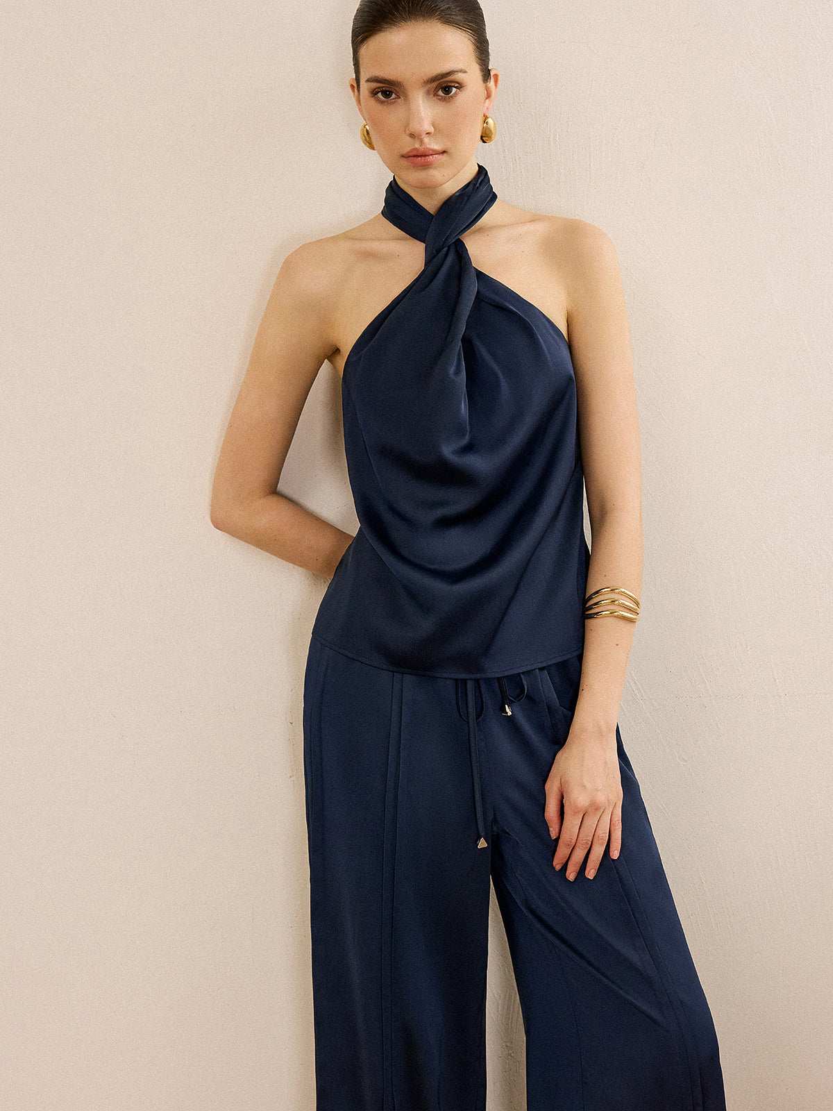 Satin Halter Neck Top and Wide-Leg Pants Set-Massicos