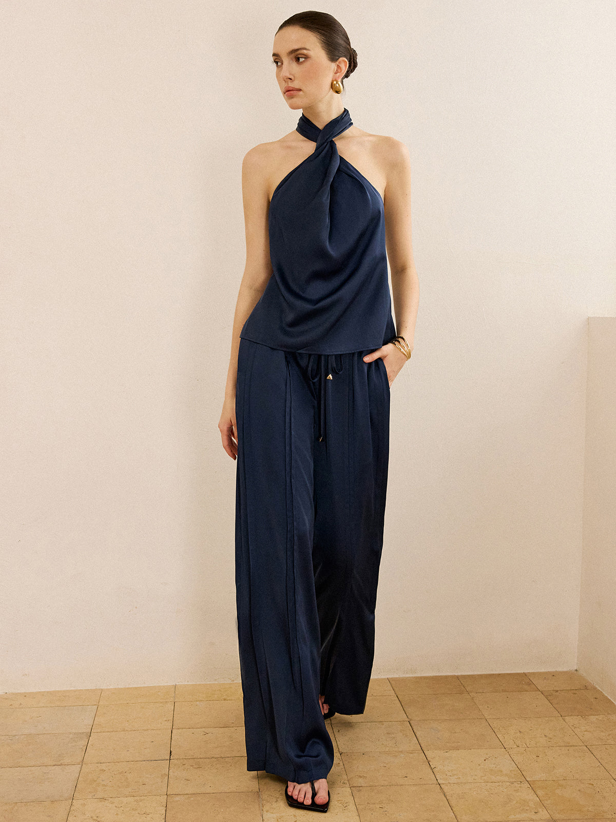 Satin Halter Neck Top and Wide-Leg Pants Set-Massicos