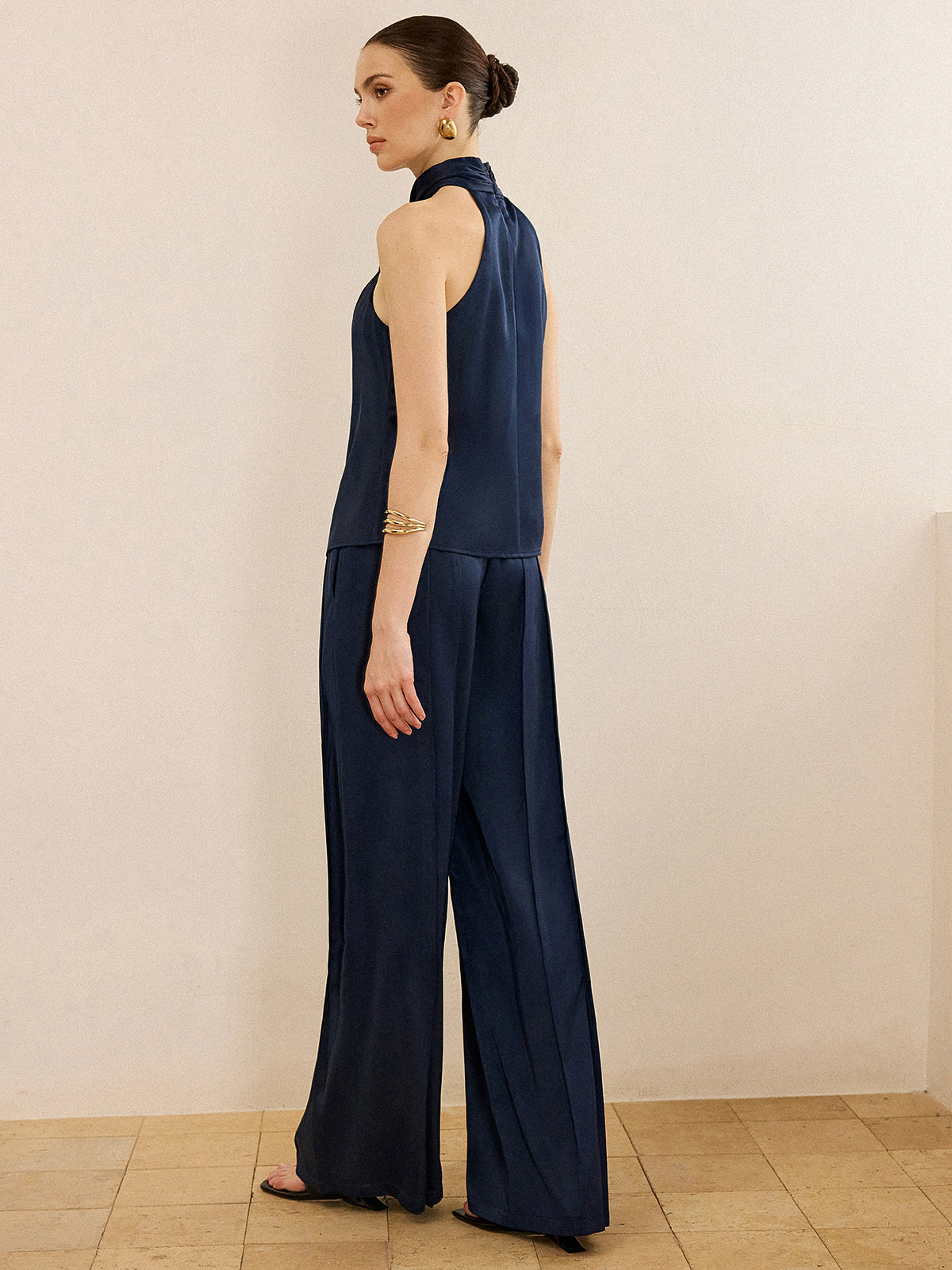 Satin Halter Neck Top and Wide-Leg Pants Set-Massicos