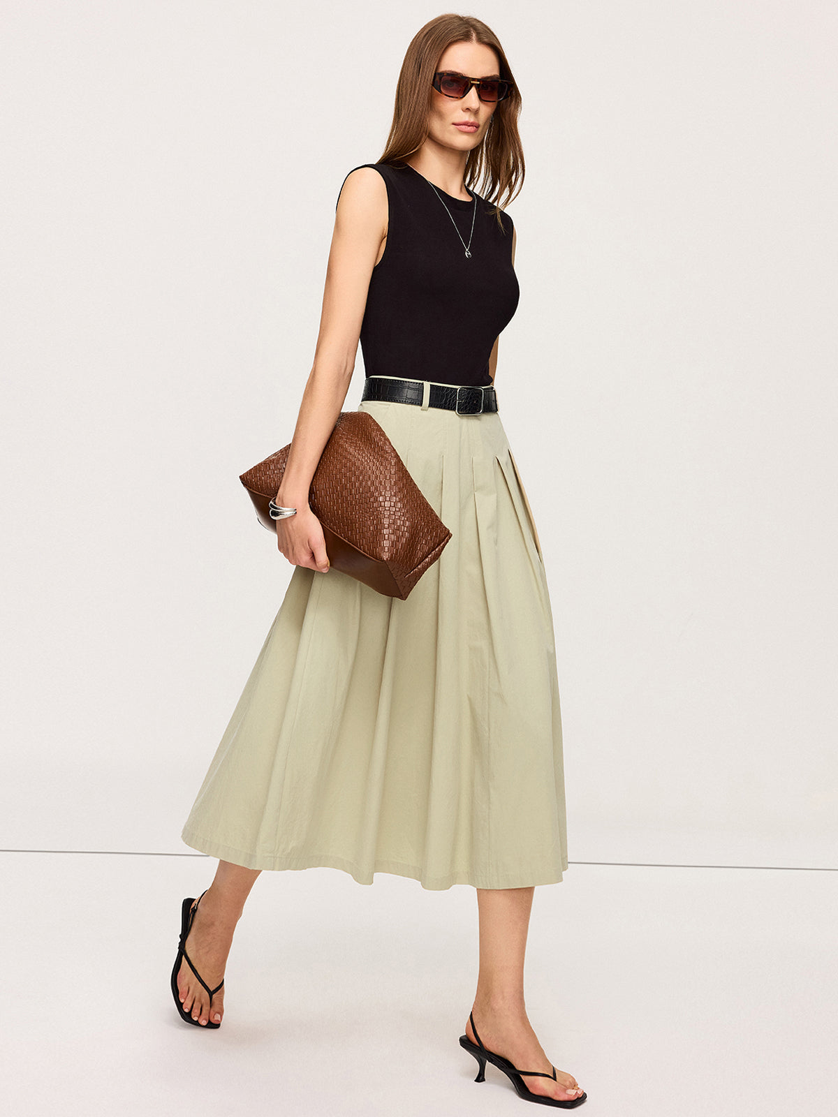 Belted Pleated Two-Tone Midi Dresses-Massicos