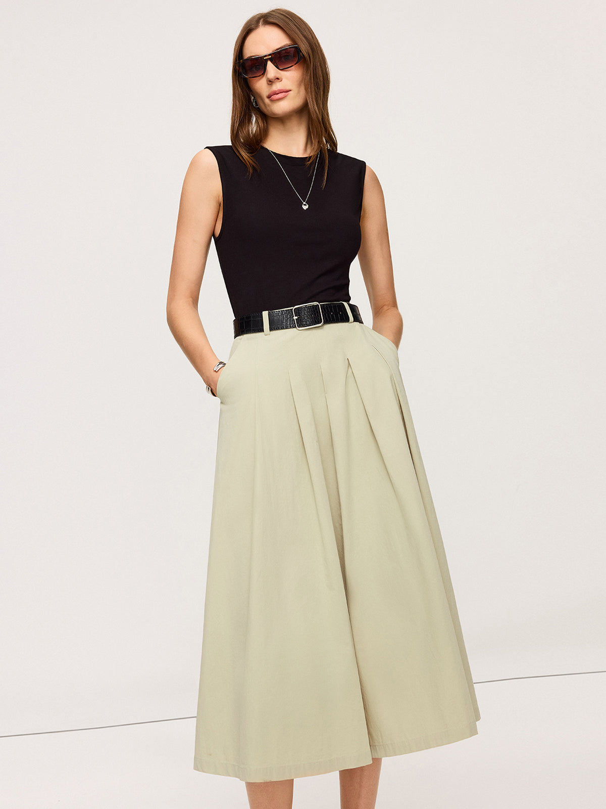 Belted Pleated Two-Tone Midi Dresses-Massicos