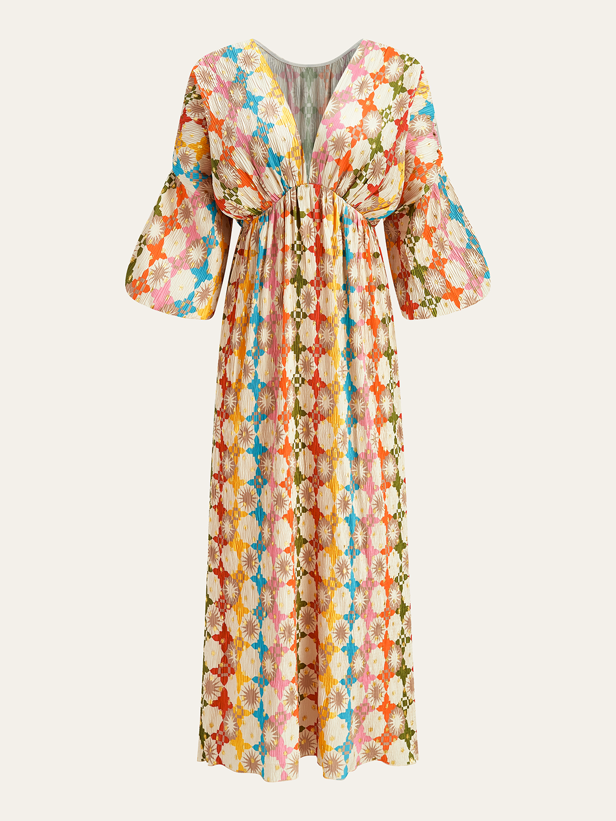 Jacquard Print V-Neck Dress-Massicos