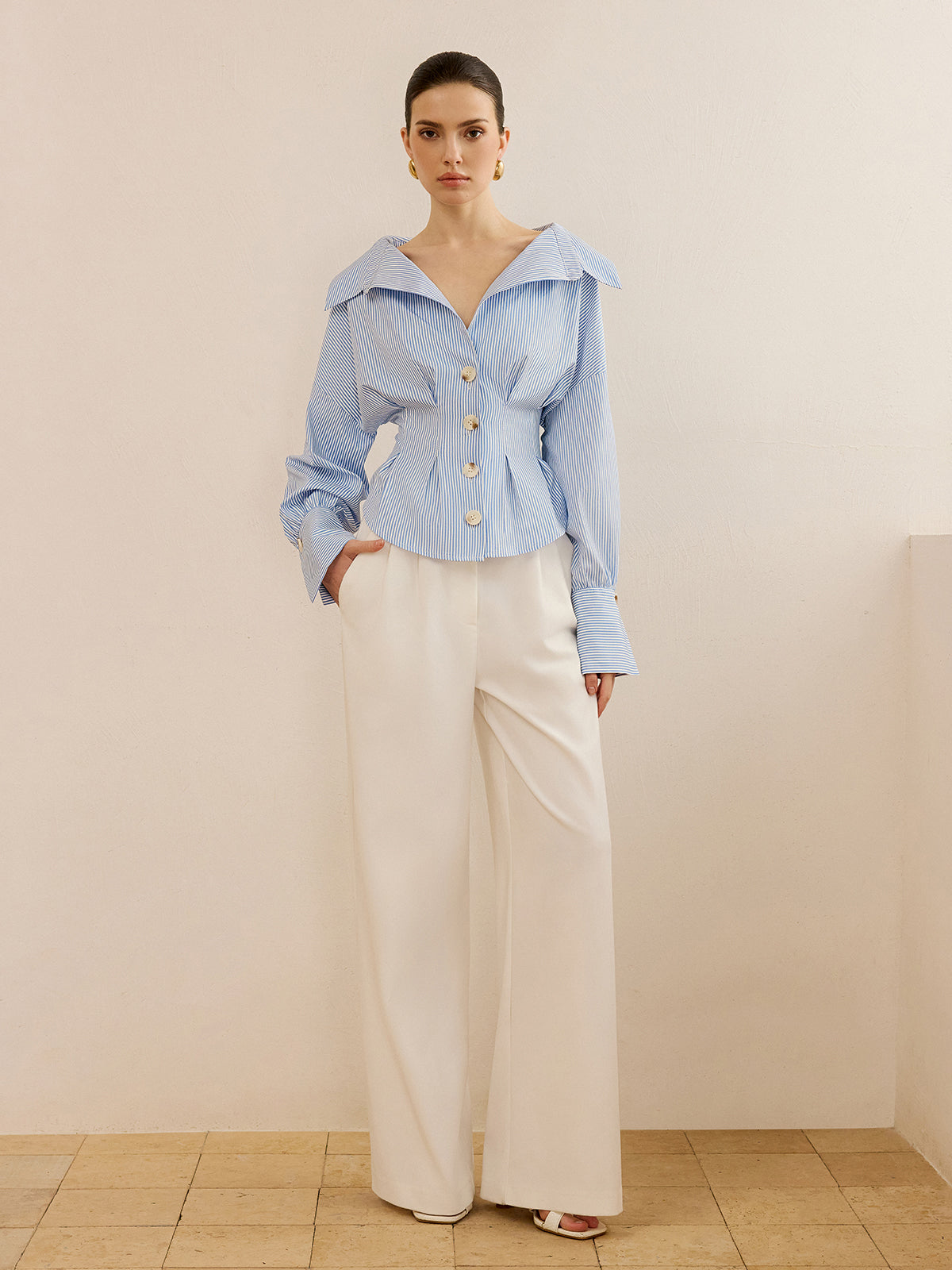 Striped Collared Shirt with Waist-Cinching Design-Massicos