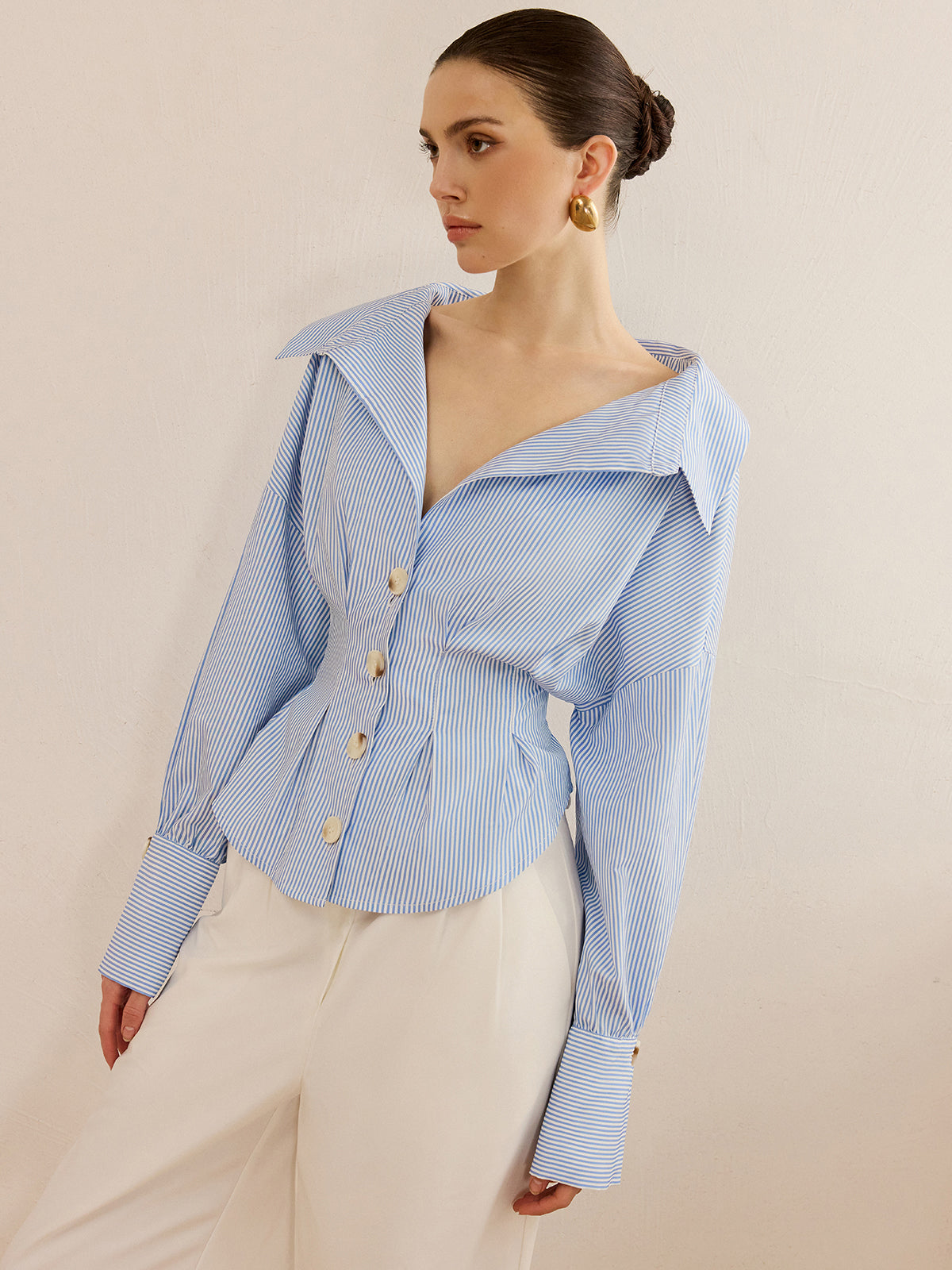 Striped Collared Shirt with Waist-Cinching Design-Massicos