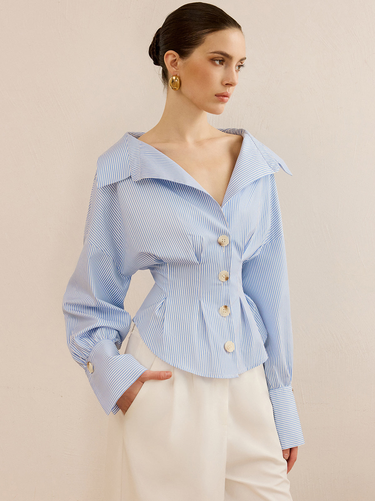 Striped Collared Shirt with Waist-Cinching Design-Massicos
