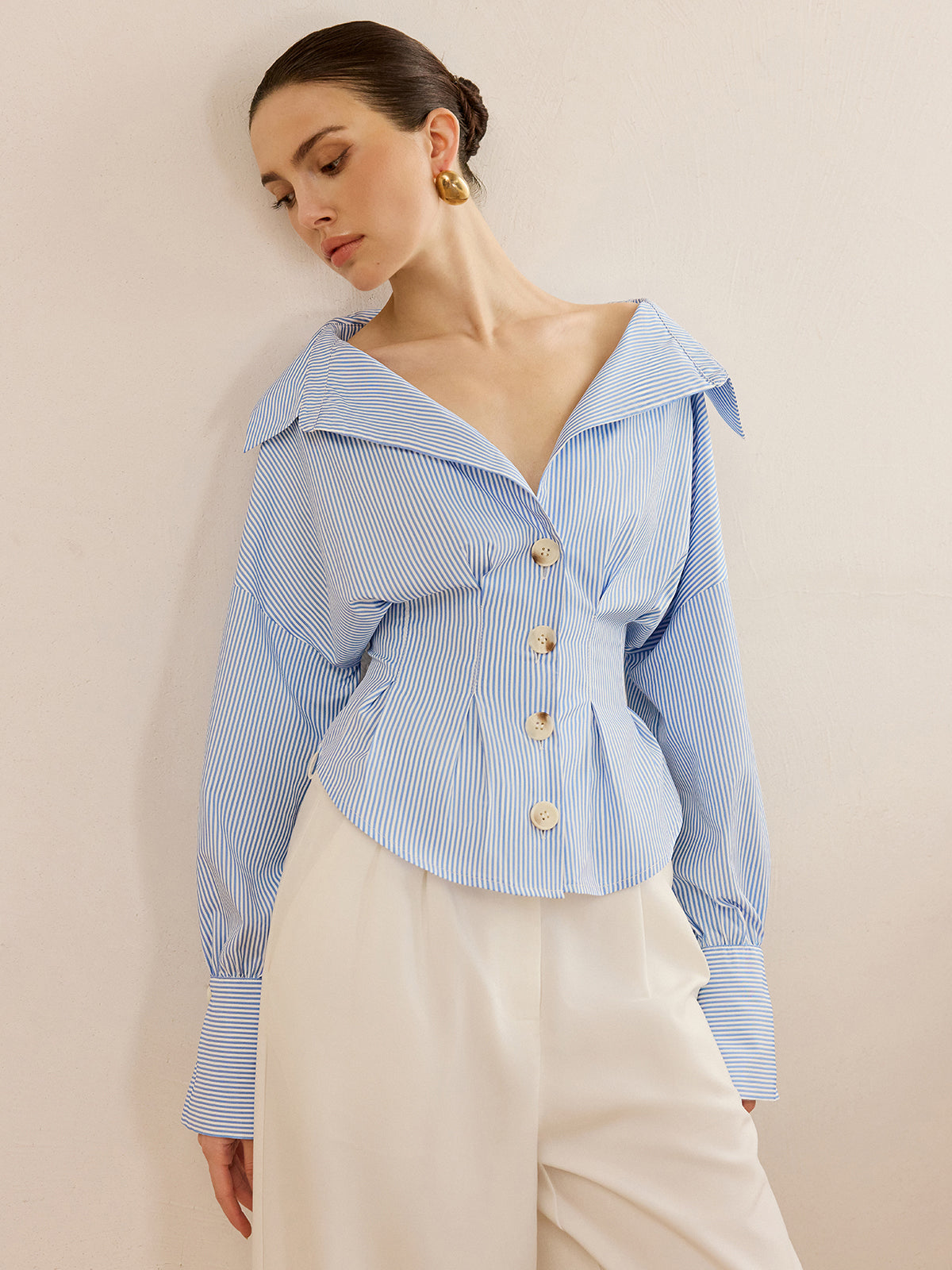 Striped Collared Shirt with Waist-Cinching Design-Massicos
