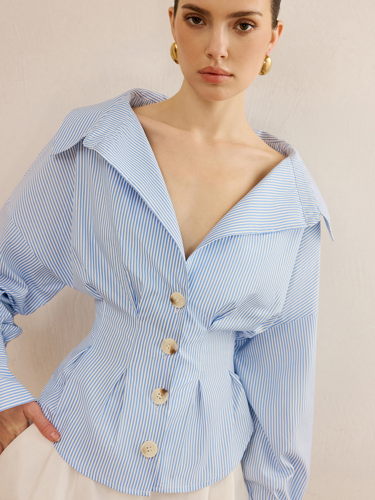 Striped Collared Shirt with Waist-Cinching Design-Massicos