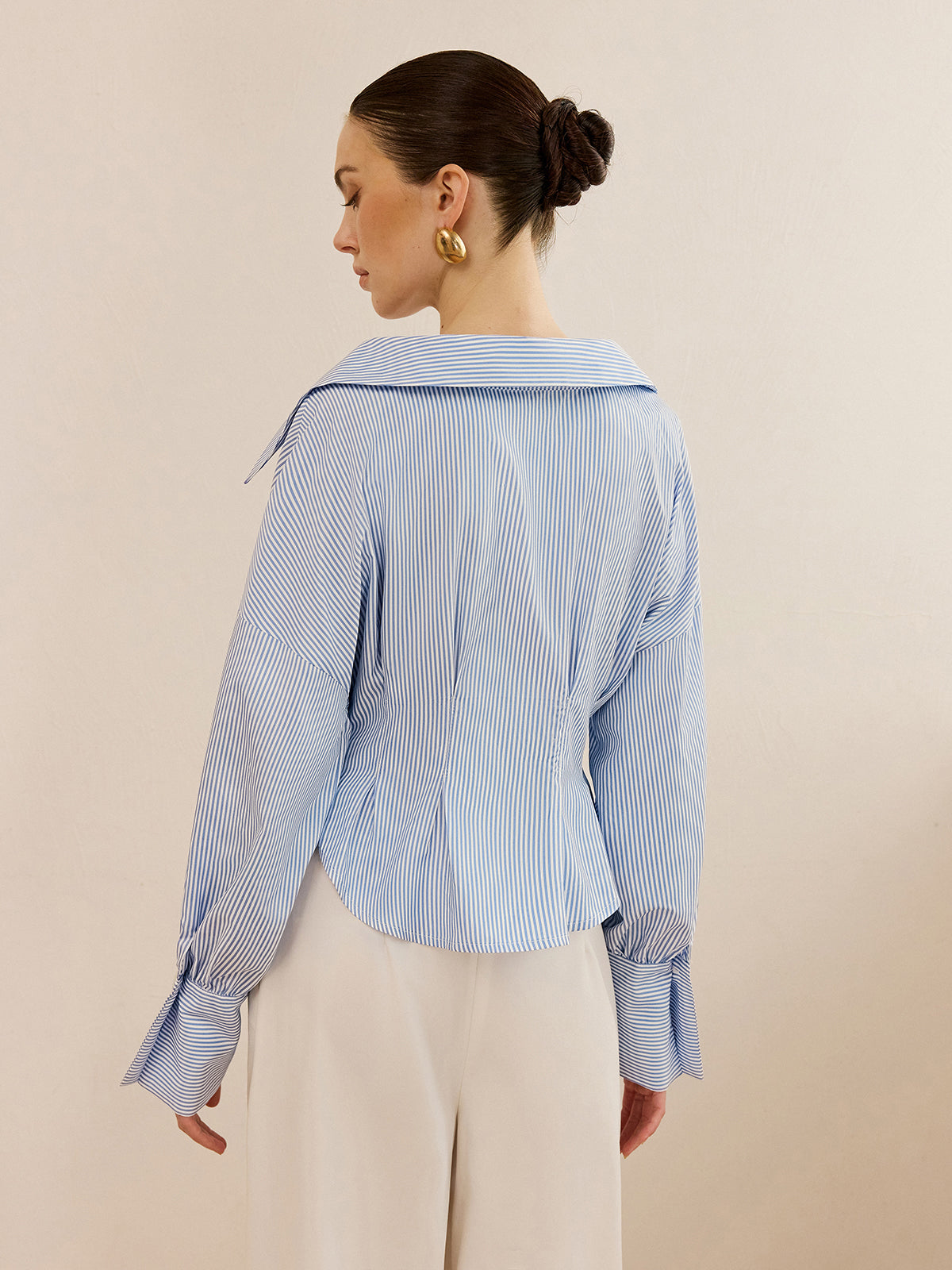 Striped Collared Shirt with Waist-Cinching Design-Massicos