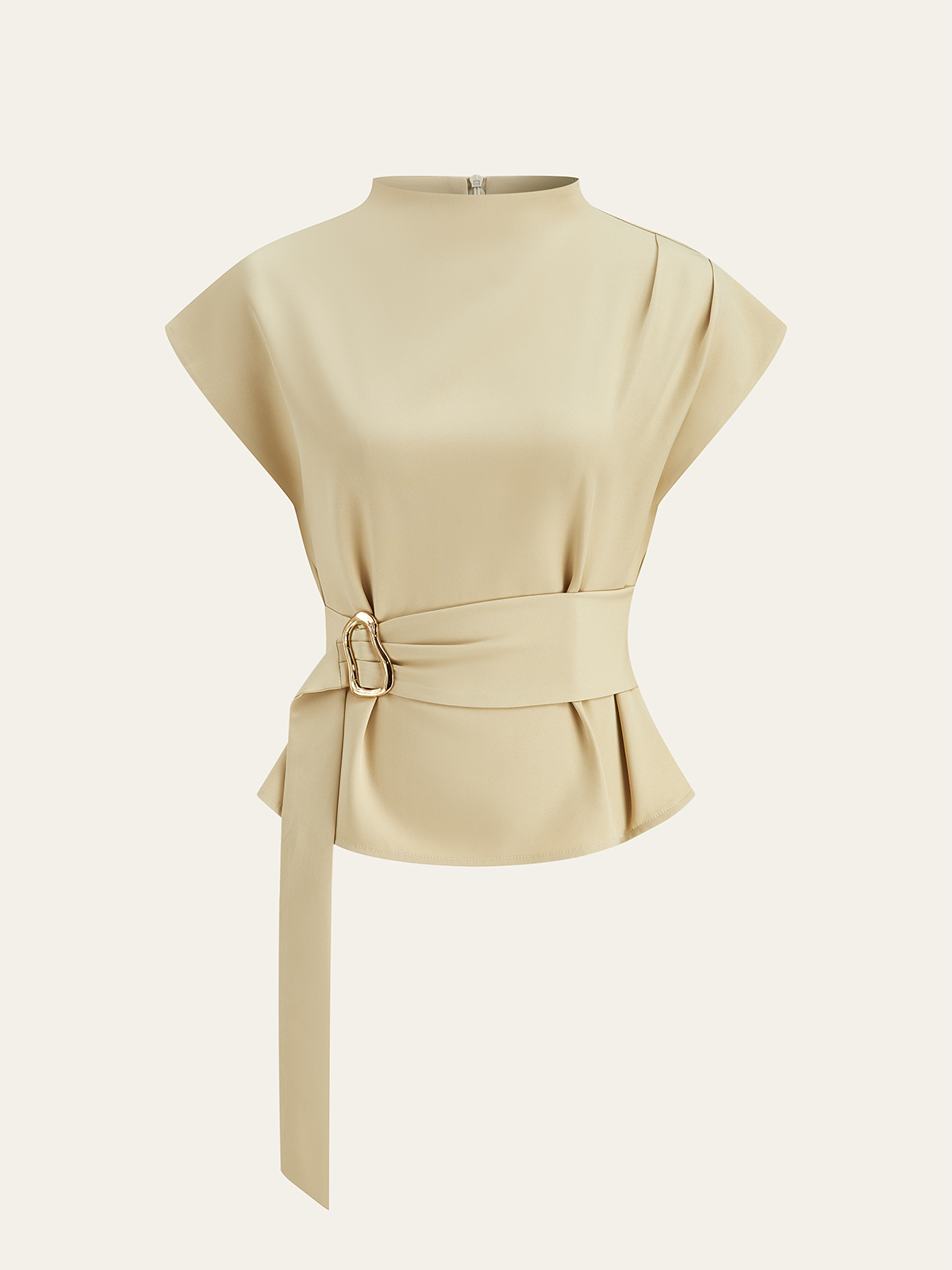 Belted Mock Neck Short-Sleeve Blouse-Massicos